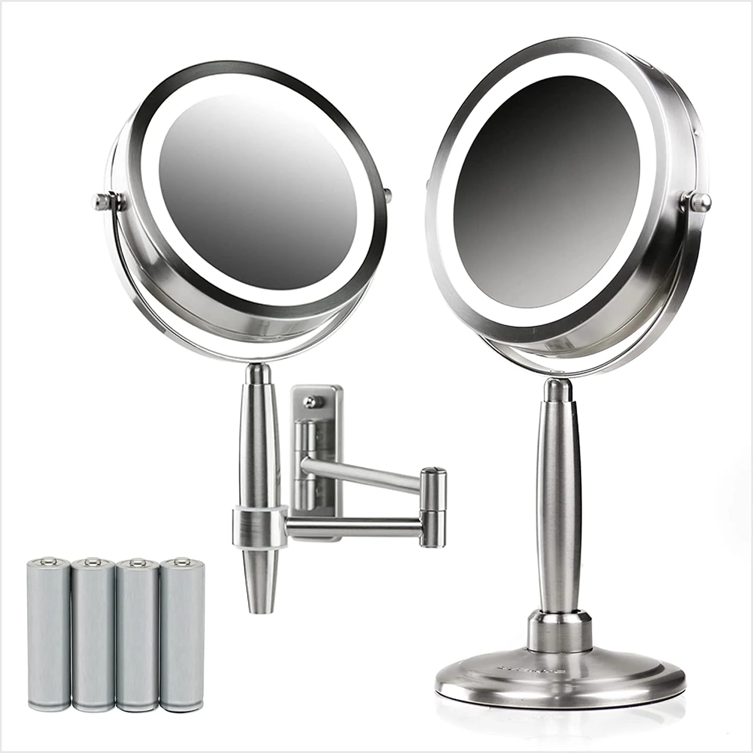 OVENTE 7'' Hand Mirror, 1X 8X Magnifier, Tabletop & Wall Mount, 3 Tone, Nickel Brushed MFM70BR1X8