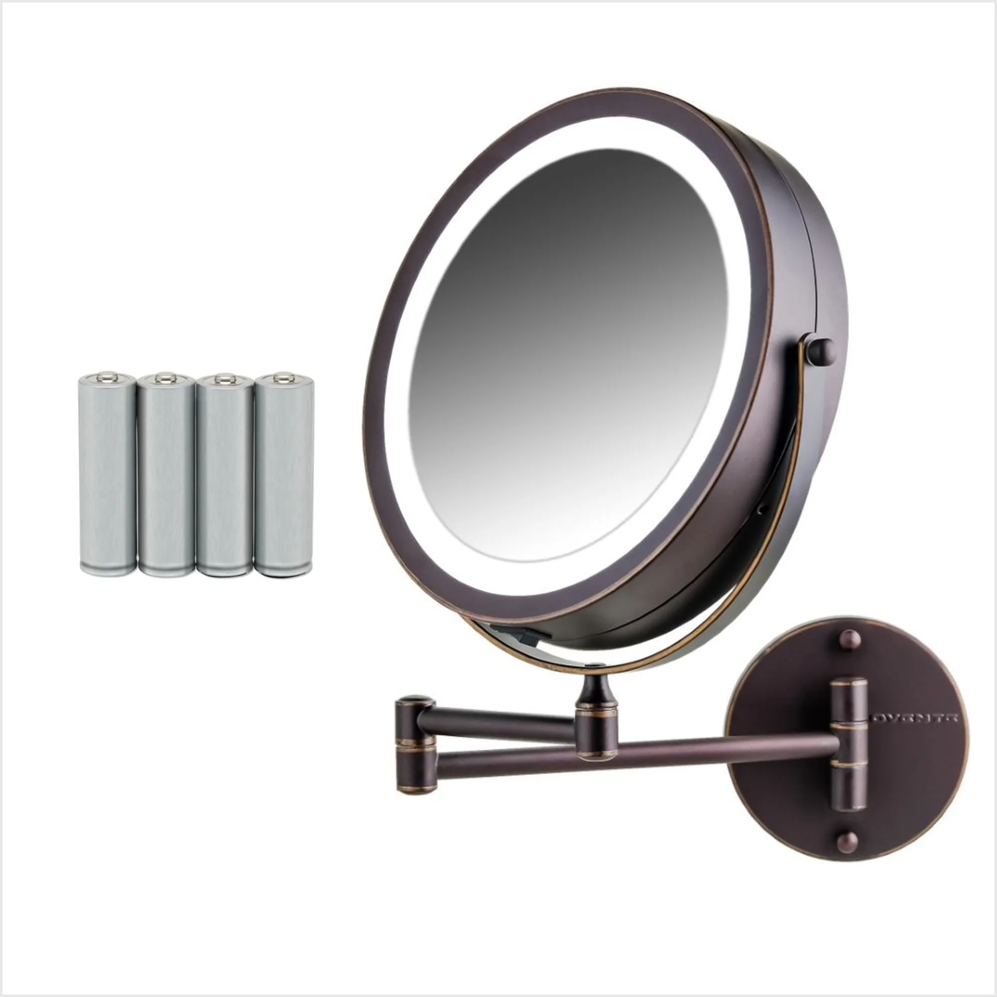 OVENTE 8.6" Wall Mount Makeup Mirror - Double LED, 1X & 10X Magnifier, Antique Bronze MFW85ABZ1X10X