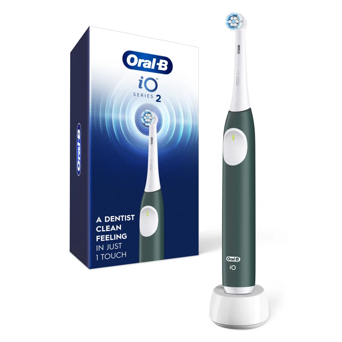 Oral-B iO Series 2 Rechargeable Electric Powered Toothbrush, Forest Green with 1 Gentle Care Brush Head - Automatic Pressure Sensor to Protect Gums - 3 Modes - 2 Min Timer