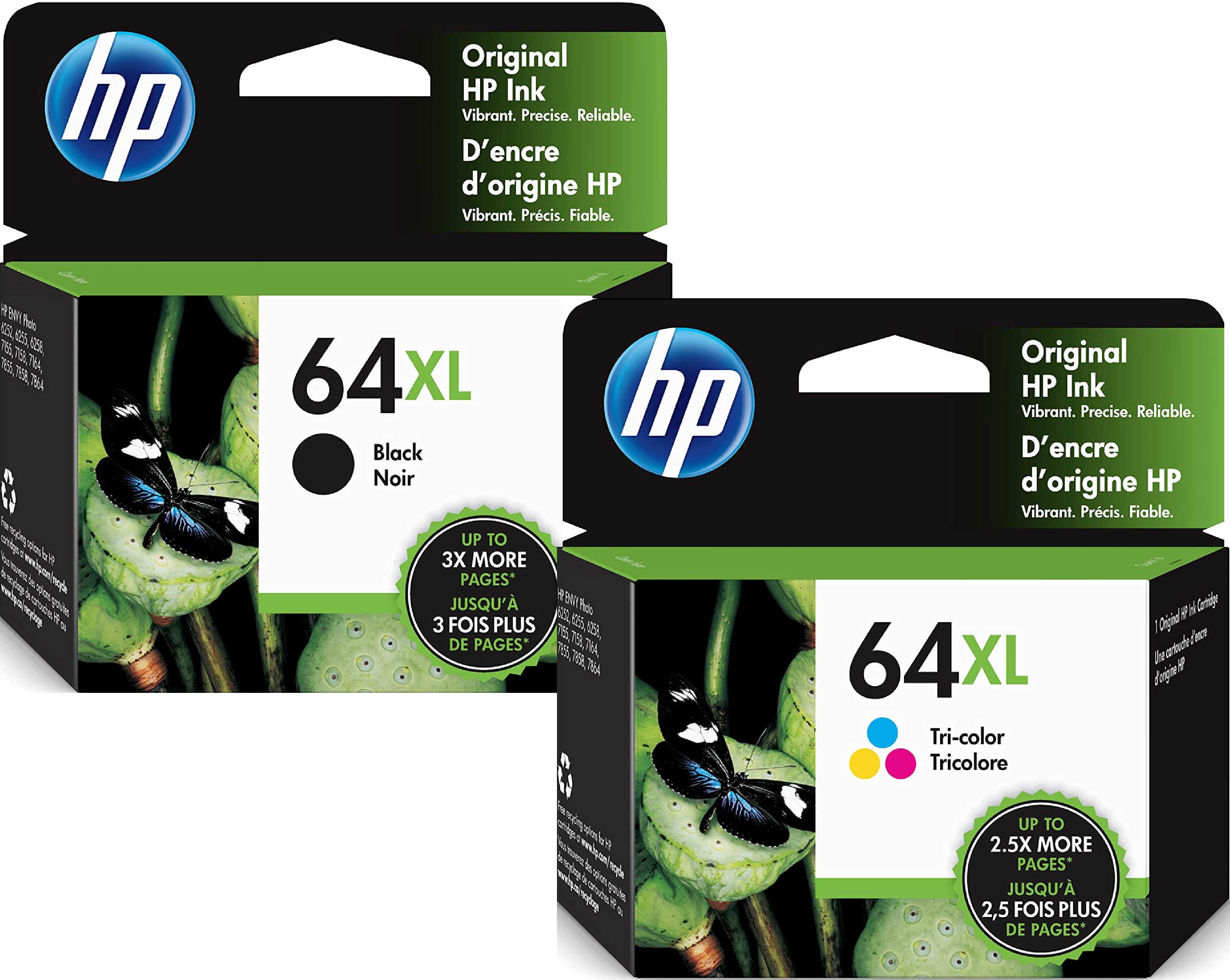 Original HP 64XL Black Ink Cartridge and Original HP 64XL Color Ink Cartridge, (N9J92AN, N9J91AN) HP 64 Extra Capacity Ink Cartridge Combination
