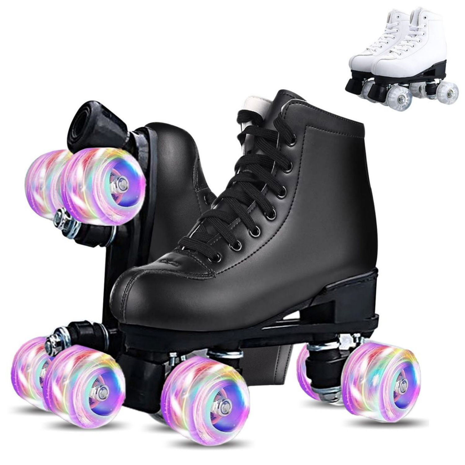 Women's Roller Skate Classic Double Row 4 Wheels Skates Black PU Leather Flash Quade Skates for Indoor Outdoor Beginer, 7.5
