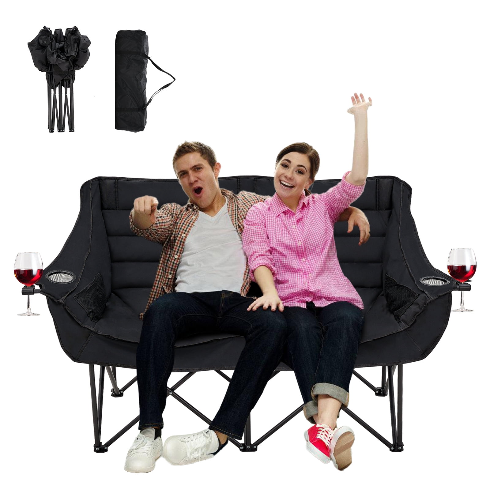Outdoor Double Camping Chair Oversized Loveseat Camping Couch Folding Camping Chairs for Adults with Cup & Wine Glass Holder, Portable Double Chair for Camp Lawn Picnic, Support 600LBS