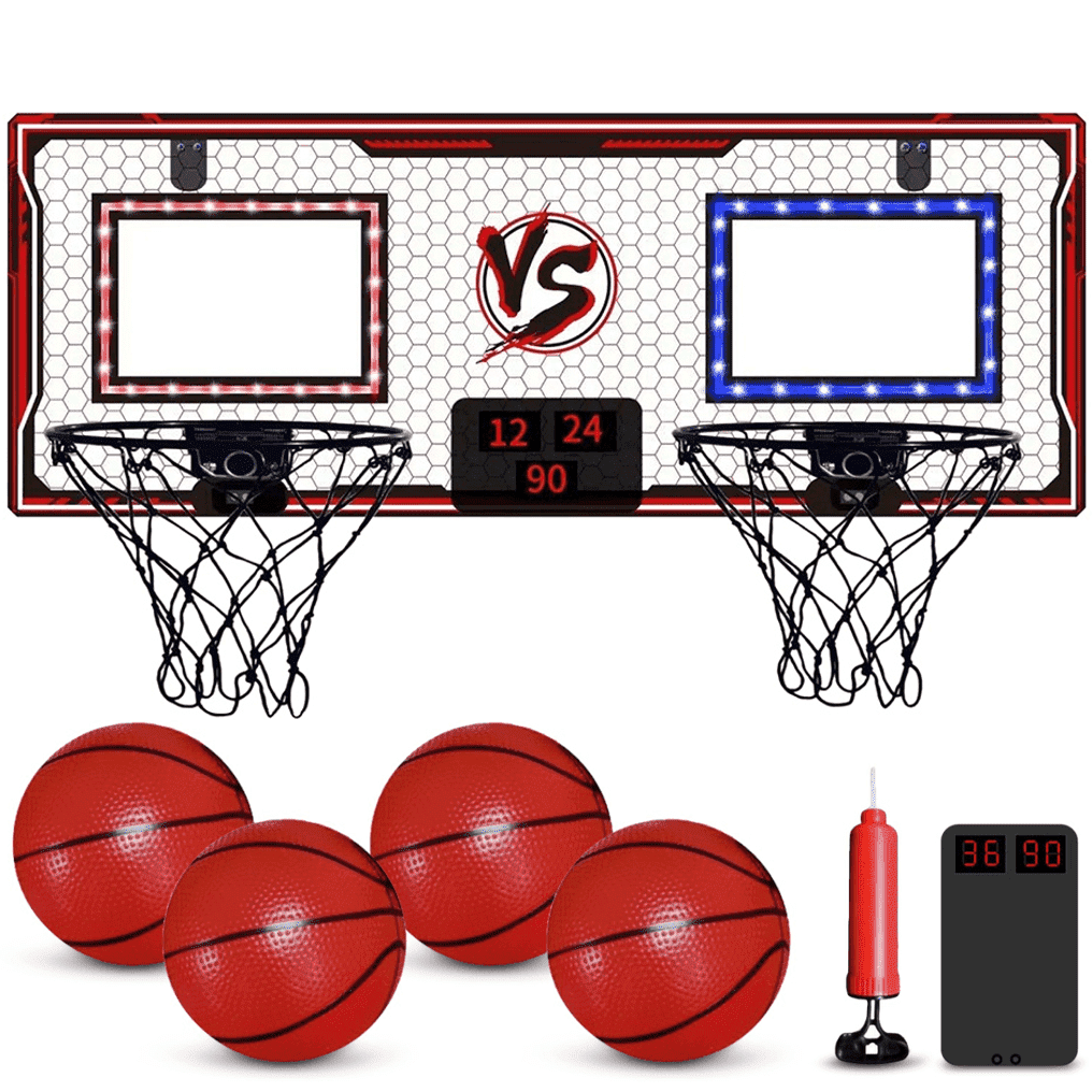 2 Player Over The Door Basketball Hoop for Kids, Mini Double Shot Basketball Hoop for Door with Electronic Scoreboard, Indoor Basketball Toys for Boys Girls Mini Door Basketball Hoop with 4 Balls