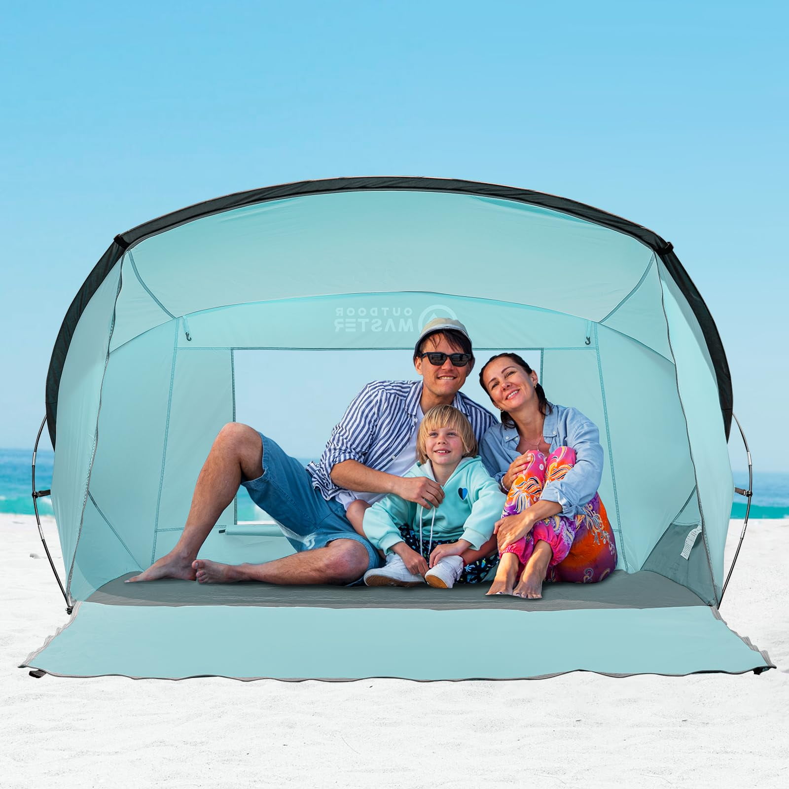 OutdoorMaster Beach Tent for 3-4 Person - Easy Setup and Portable Beach Shade Sun Shelter Canopy with UPF 50+ UV Protection Removable Skylight Family Size-Green