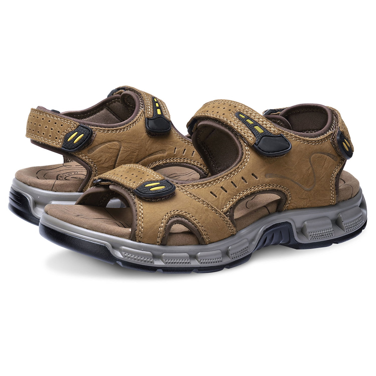 OutPro Men's Leather Sandals Hiking Outdoor Water Beach Sports Mens Sandals Fishermen for Summer Open Toe Adjustable Straps Camel