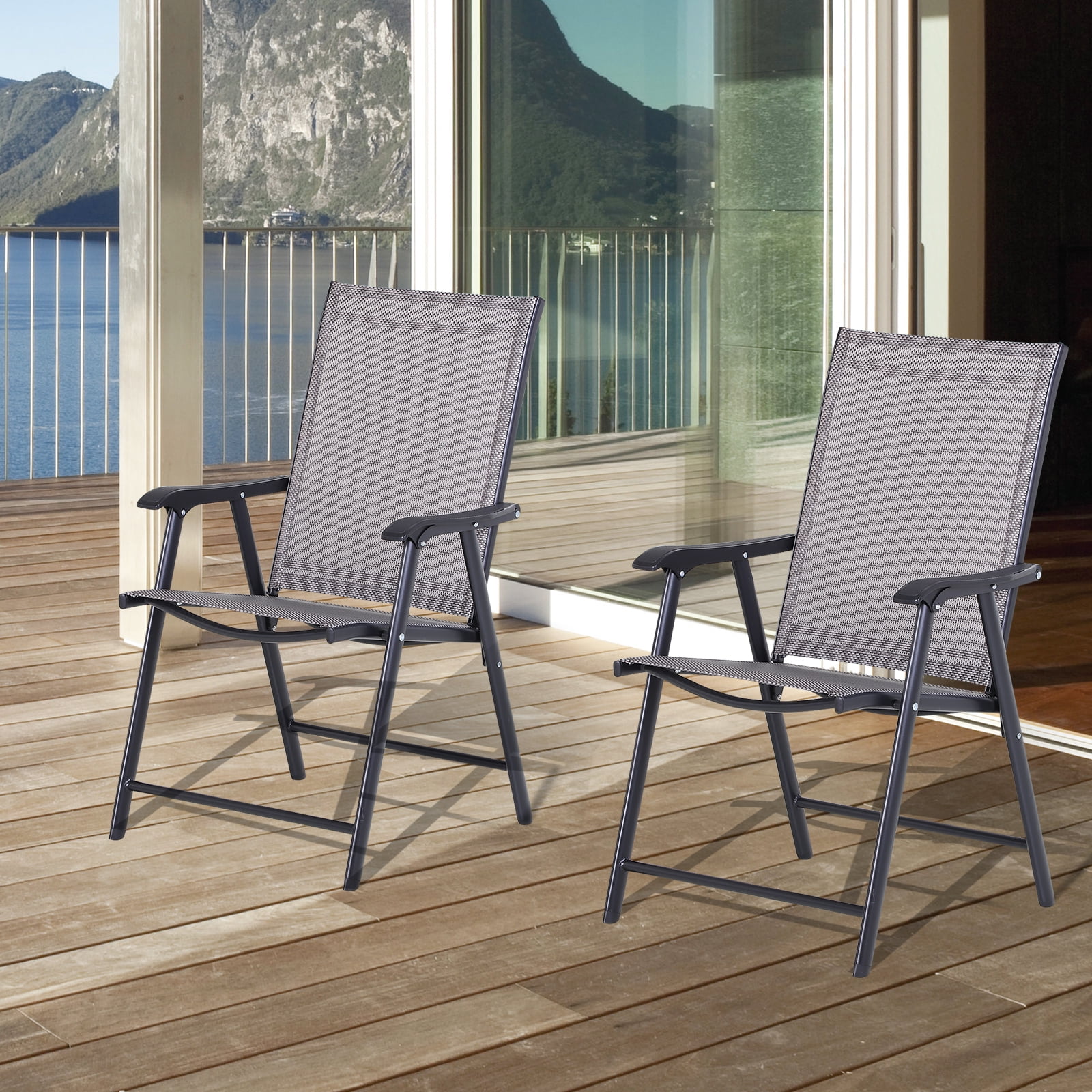 Outsunny Set of 2 Outdoor Folding Chairs for Patio, Camping, Beach, Gray