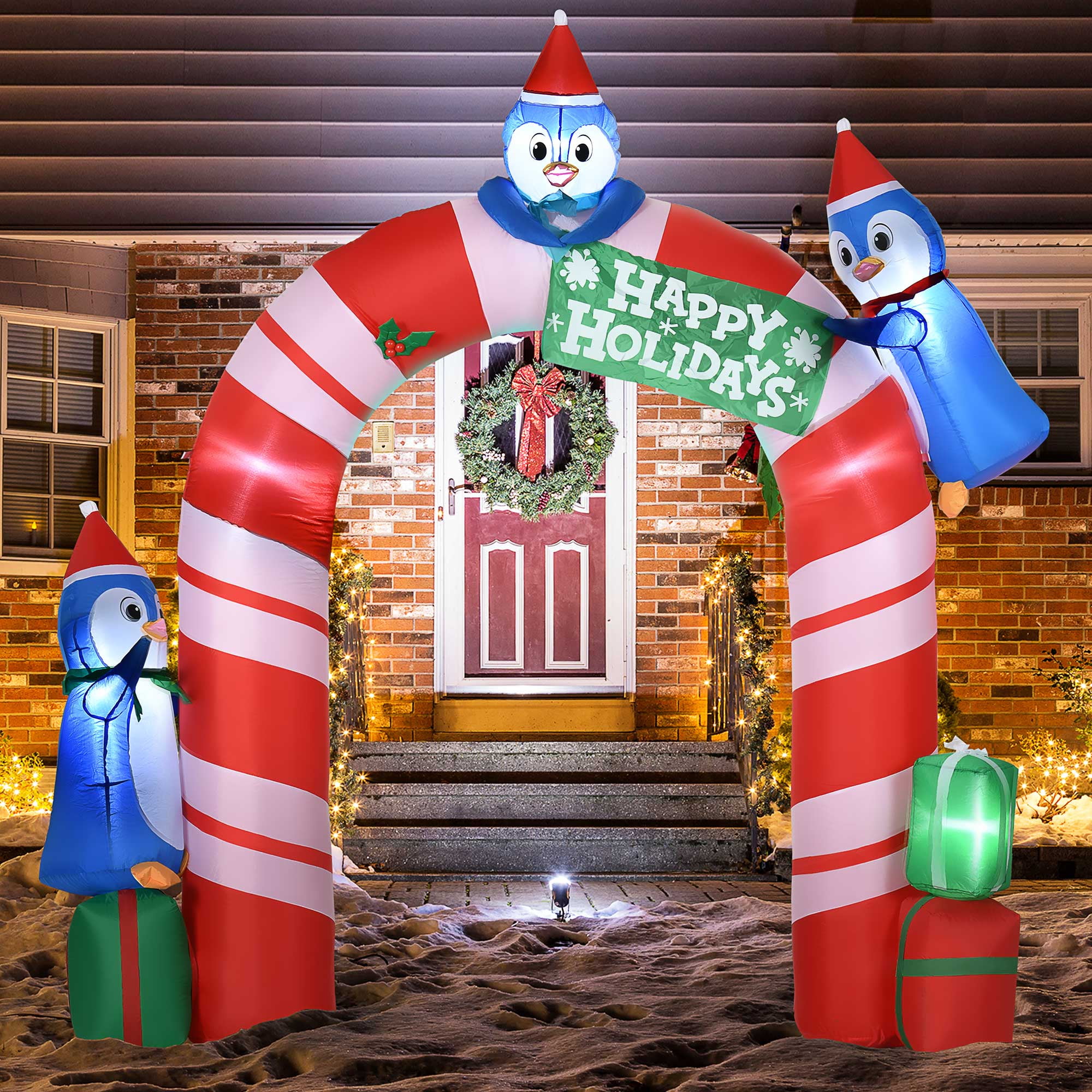 Outsunny 94.5" Christmas Inflatable Candy Cane Archway with Three Penguins and Gift Boxes, Blow-Up Outdoor LED Yard Display for Lawn Garden