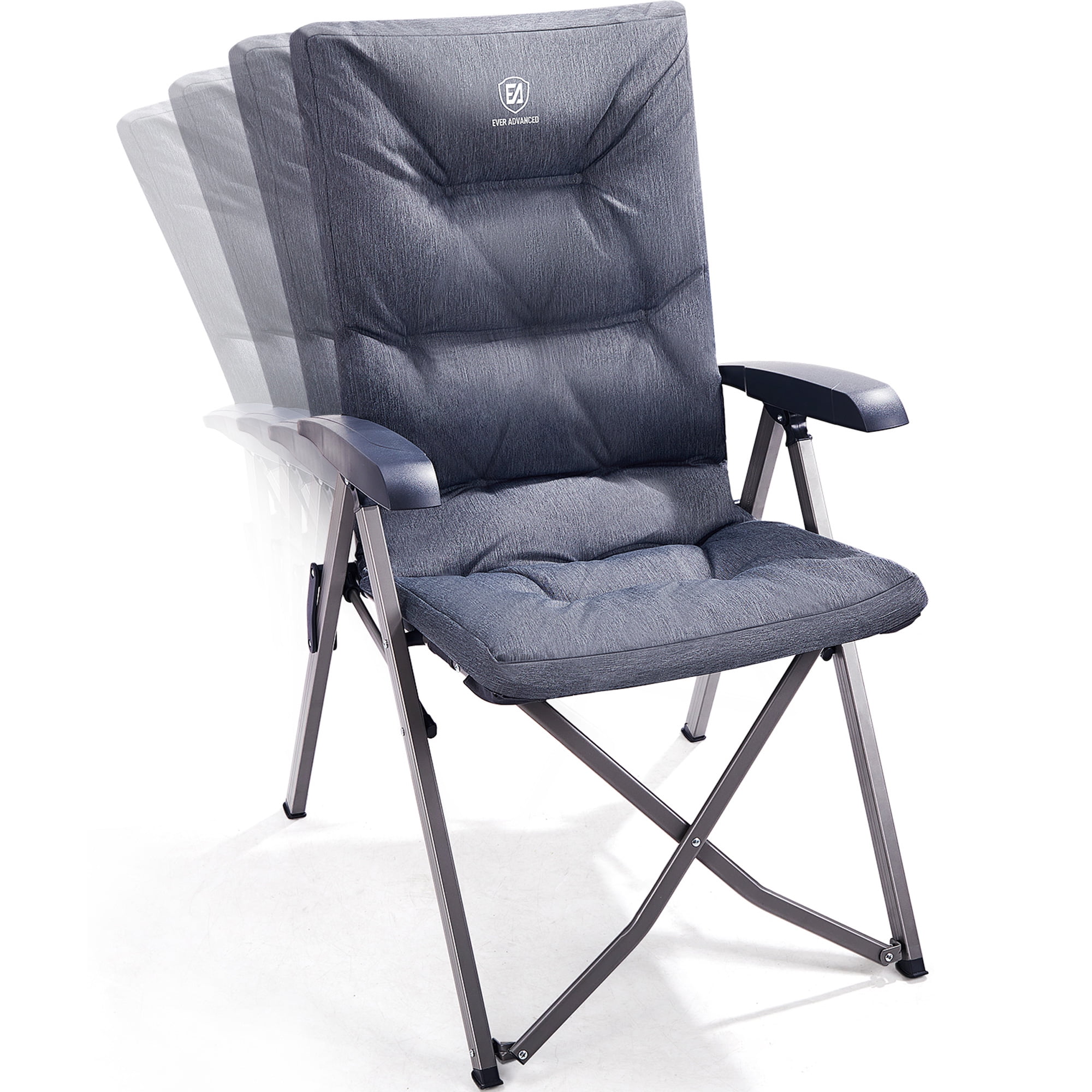Padded Camping Recliner Chair, Adjustable Folding Reclining Chair with High Back, Supports 300 lbs, Gray