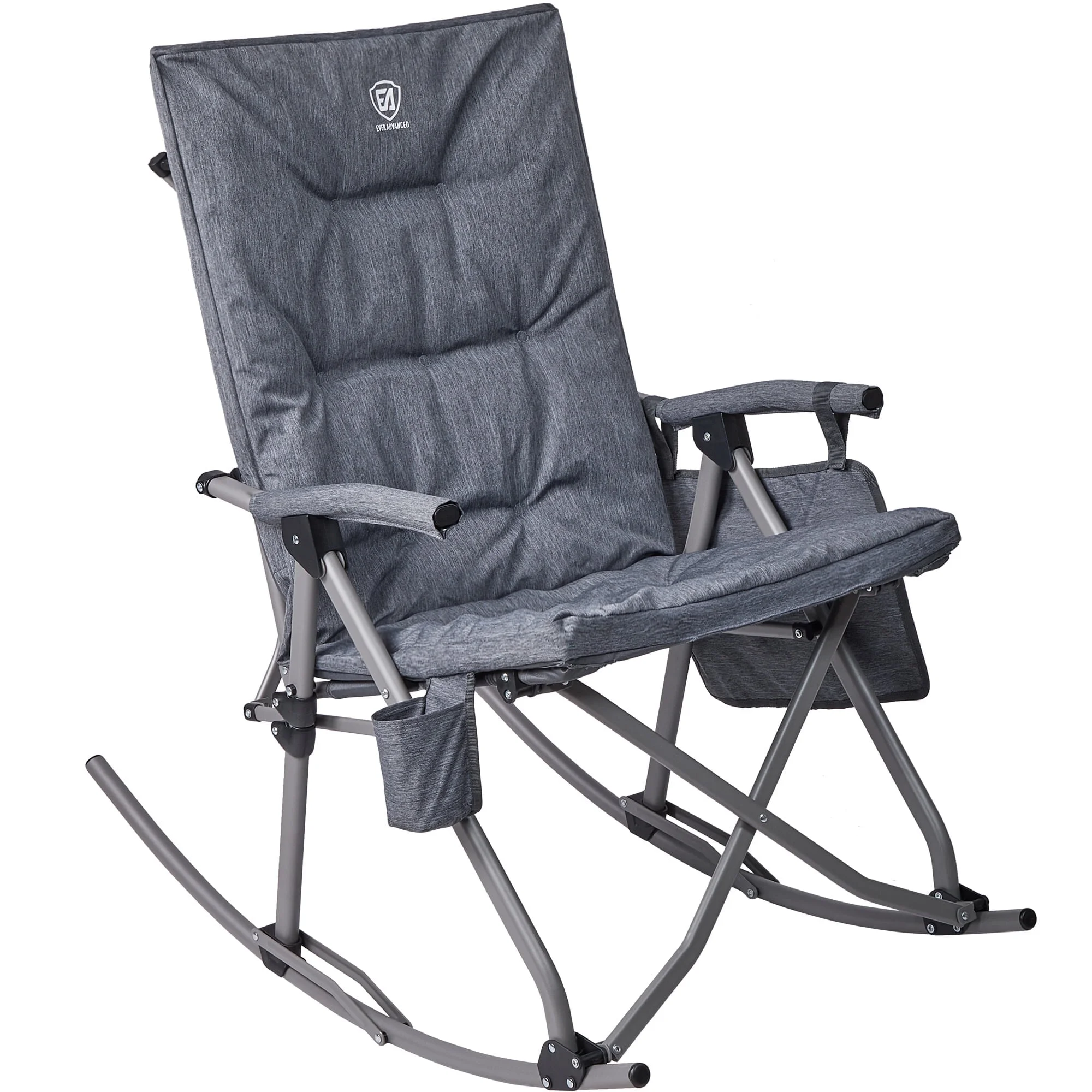 Padded Folding Rocking Camping Chair, Portable Oversized Rocker for Patio and Outdoors, Heavy Duty for Adults, Supports 400 lbs, Steel, Grey