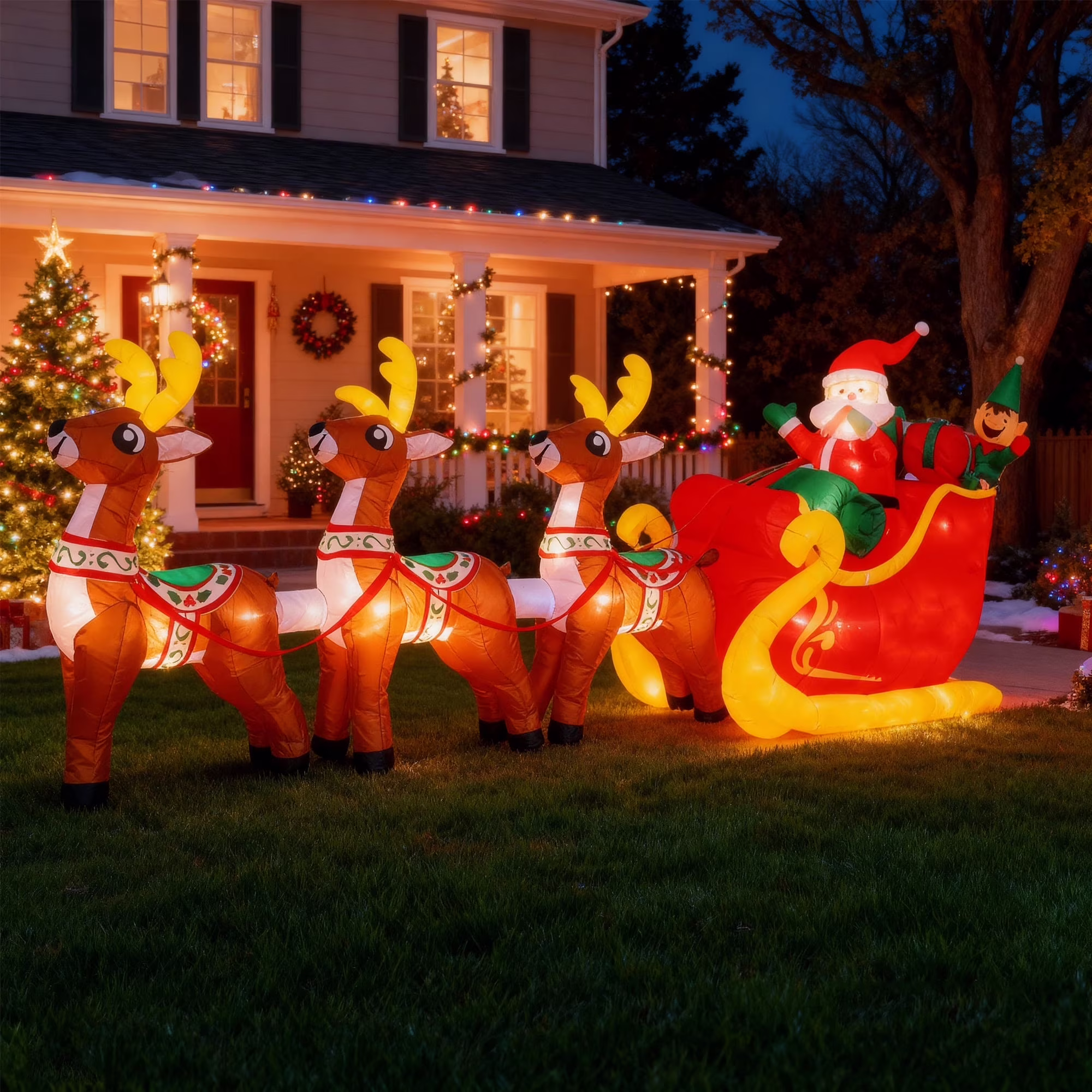 PayUSD Christmas Inflatable Decoration 12 FT Long LED Lighted Santa on Yellow & Red Sleigh with Reindeers and Gift Boxes Blow up Outdoor Yard Decoration Garden Lawn Porch Xmas Holiday Party