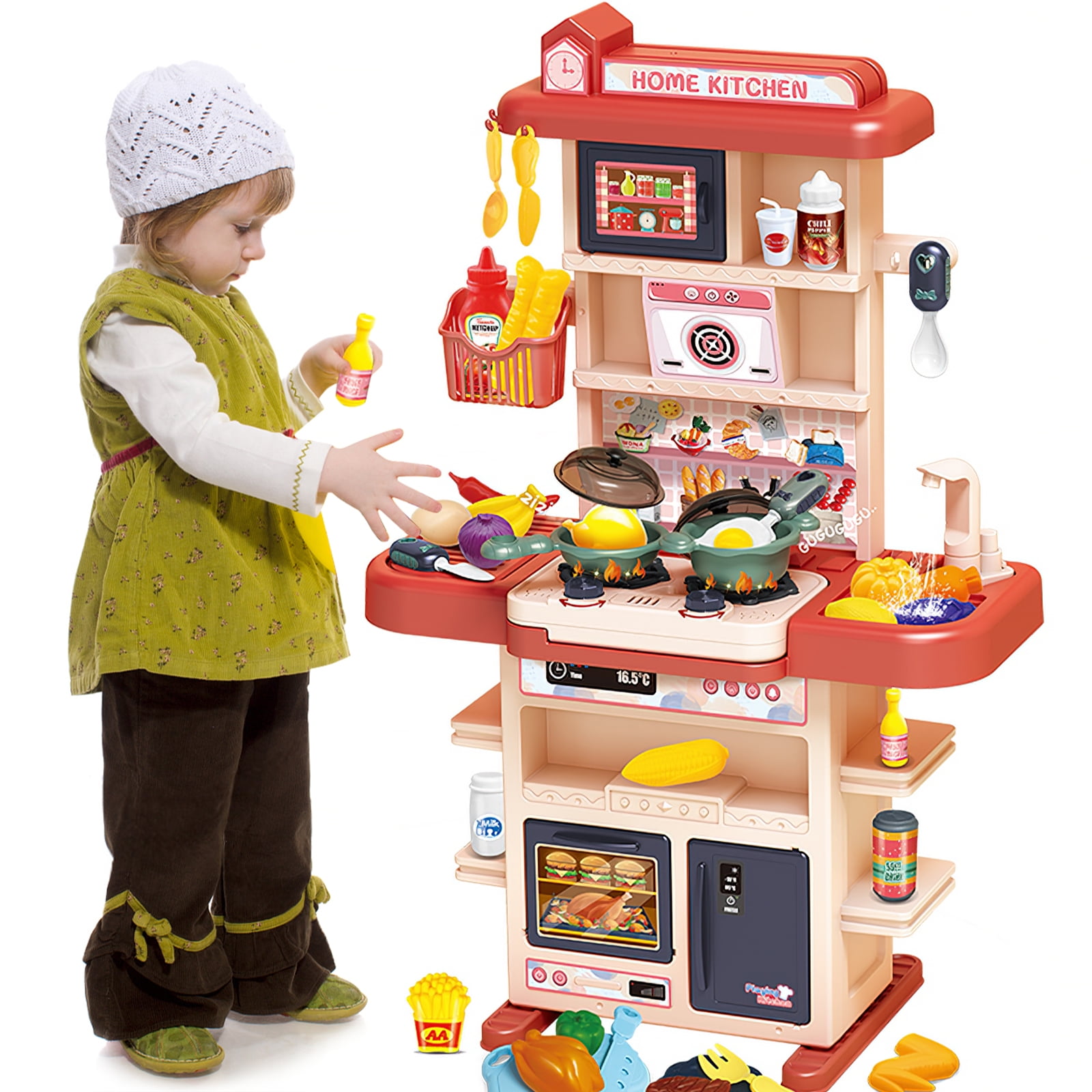 PayUSD Play Kitchen Playset for Kids with Pretend Food 29 Inch Toddler Kitchen Realistic Lights and Sounds Pretend Play Toy Set for Girls Boys Christmas Birthday Gift, Orange