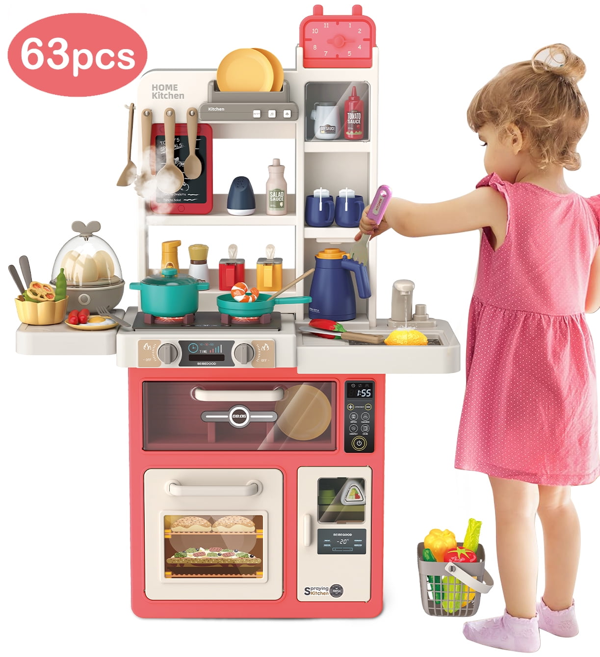 PayUSD Play Kitchen Set for Kids, 63 PCS 33Inch Pretend Play Food Toys Kitchen Set with Realistic Sounds & Lights, Play Sink, Simulation of Spray Kitchen Toys for Toddlers Girls Boys Gift, Pink