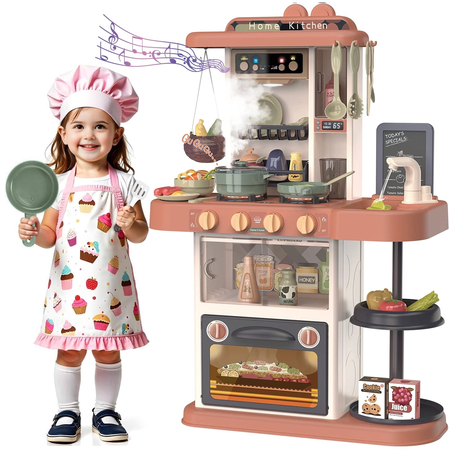 PayUSD 28.3" Kids Play Kitchen Playset for Toddlers with Realistic Sounds and Lights 43 Pcs Pretend Play Toy Set with Simulation of Spray Kids Kitchen Toys for Boys Girls Christmas Birthday, Orange