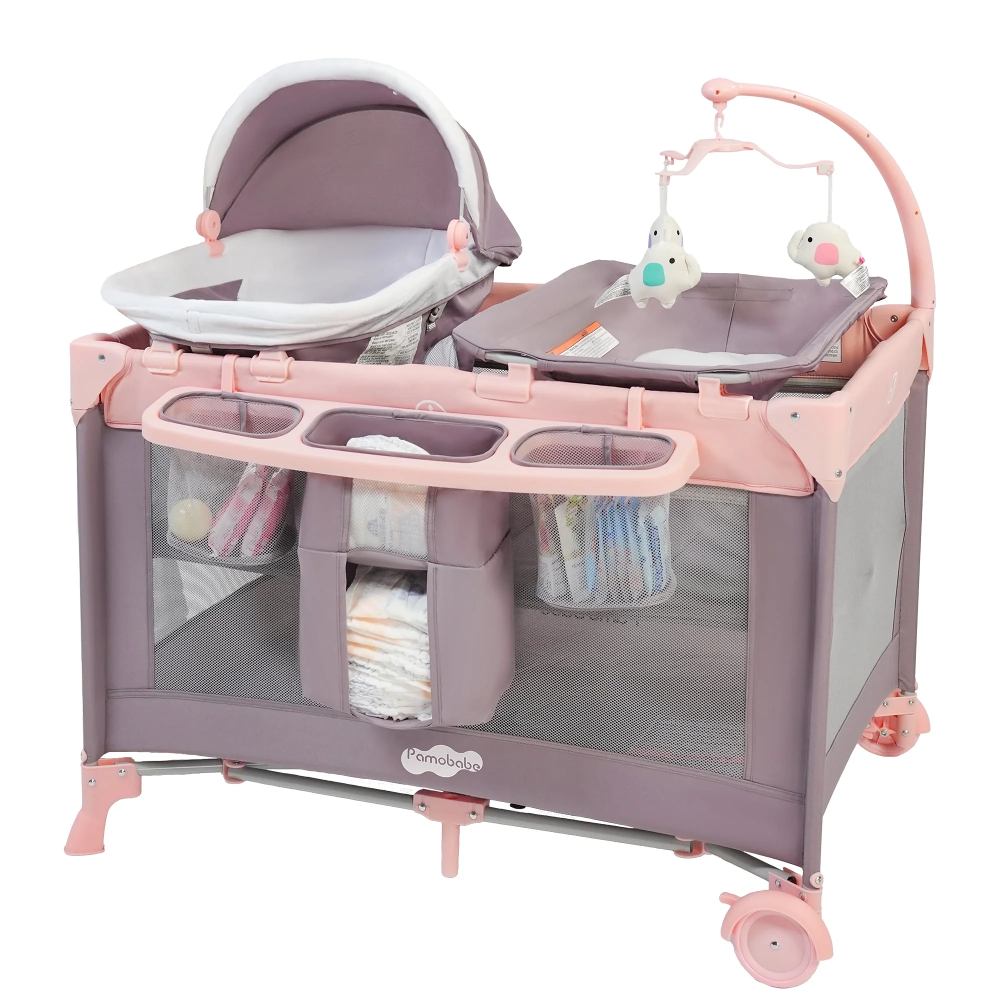 Pamo Babe 4-in-1 Baby Playard with Bassinet & Changing Table for Newborn,4-Panels Playpen