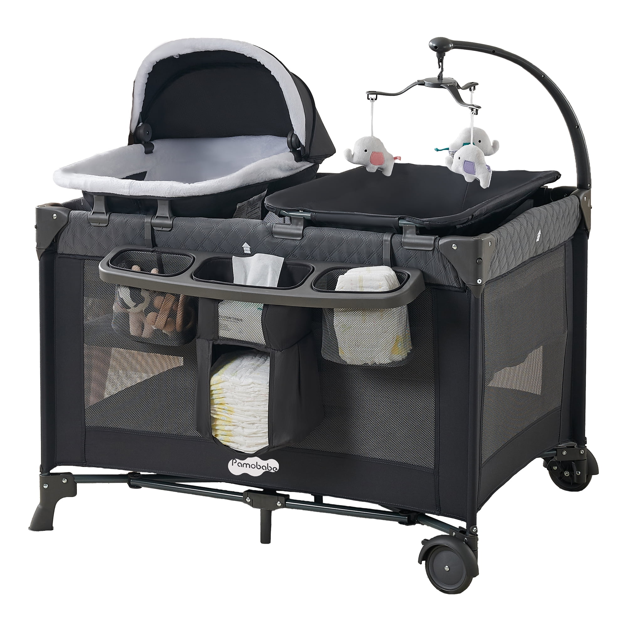 Pamo Babe 4-in-1 Baby Playard with Bassinet & Changing Table for Newborn,Grey