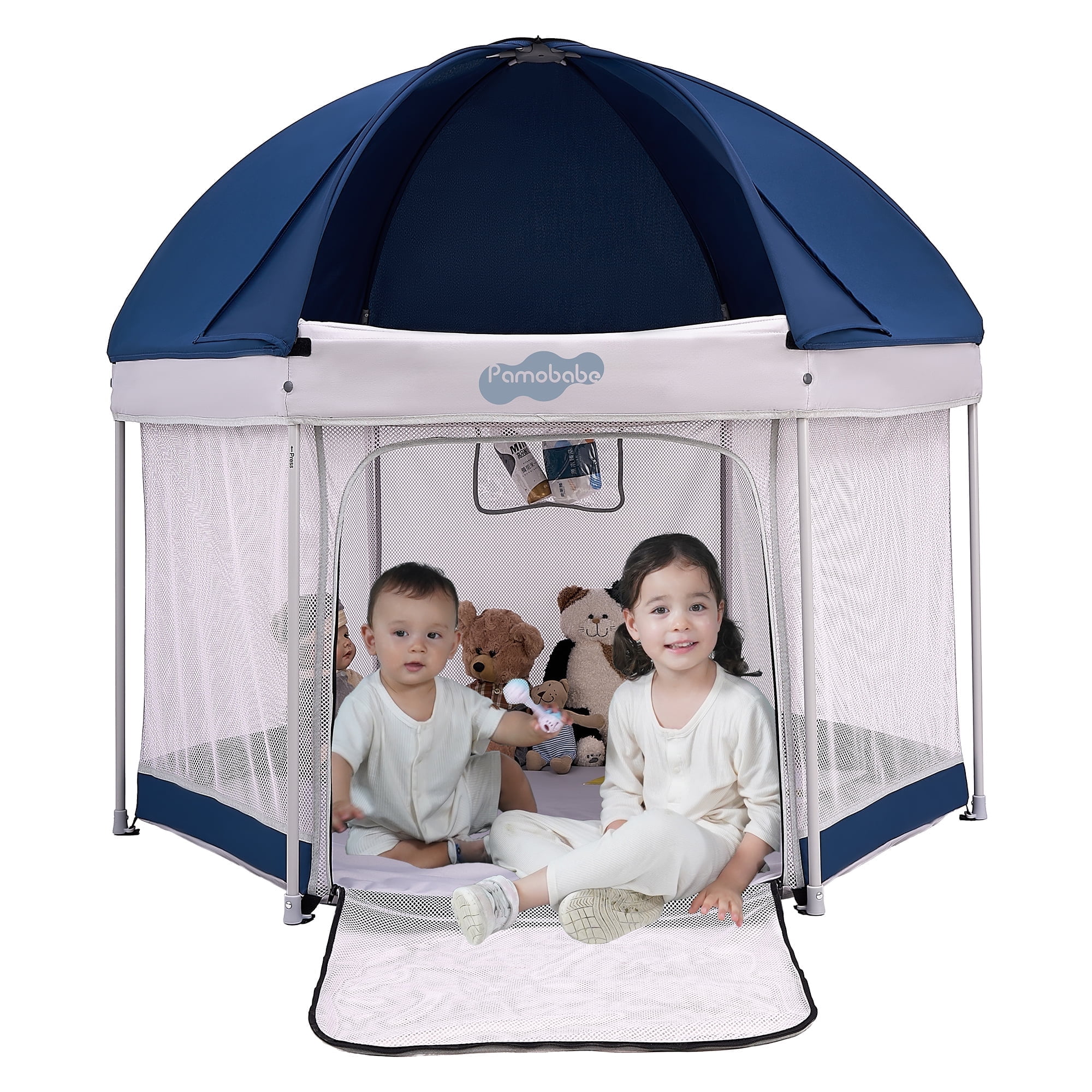 Pamo Babe Outdoor Baby Playpen, Portable, Lightweight, Toddler Playard With Canopy and Travel Bag - Blue