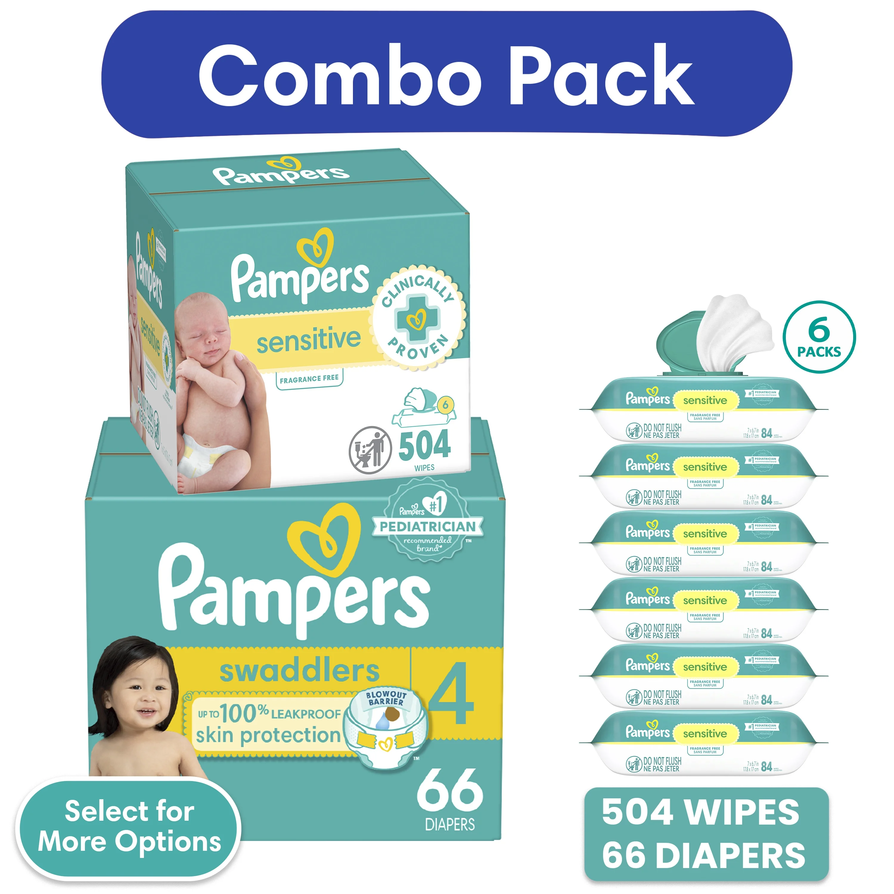 Pampers Swaddlers Diapers, Size 4, 66 Count and Pampers Sensitive Baby Wipes 6-Pack 504 Wipes (Select for More Options)