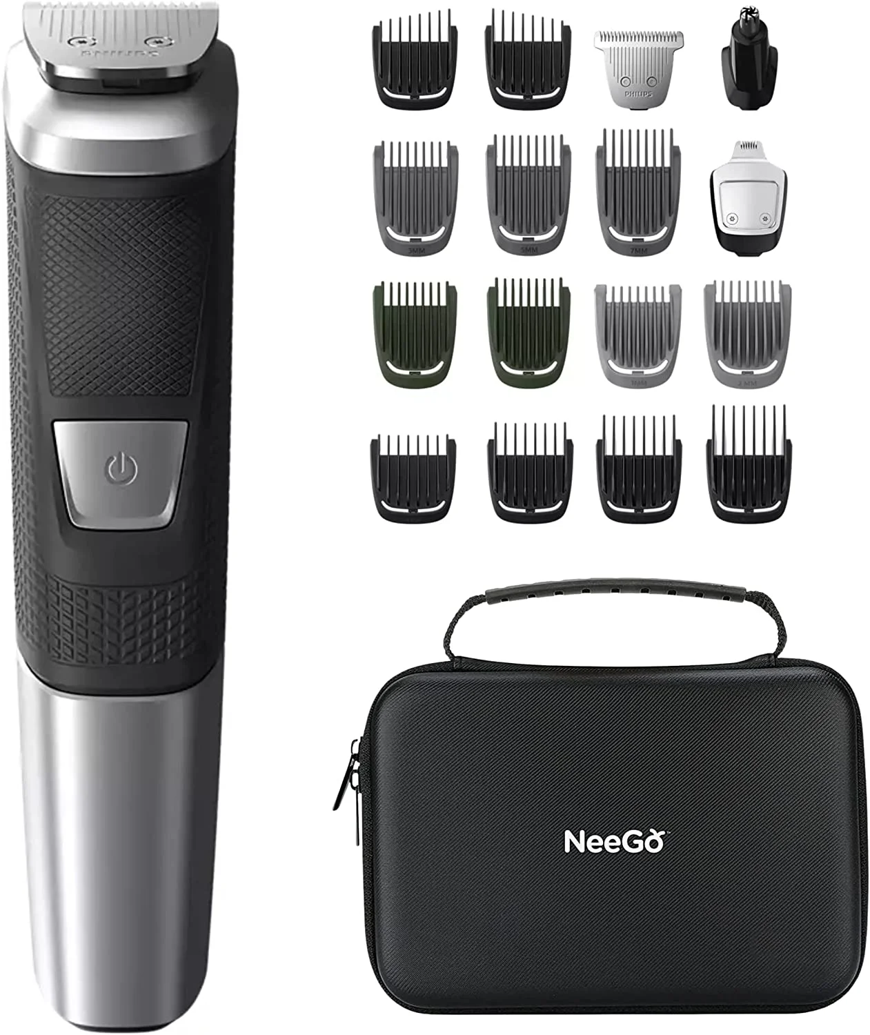 Philips Multigroomer All-in-One Trimmer Series 5000, 18 Piece Mens Grooming Kit, for Beard Face, Hair, Body Hair Trimmer for Men, No Blade Oil Needed, NeeGo Case