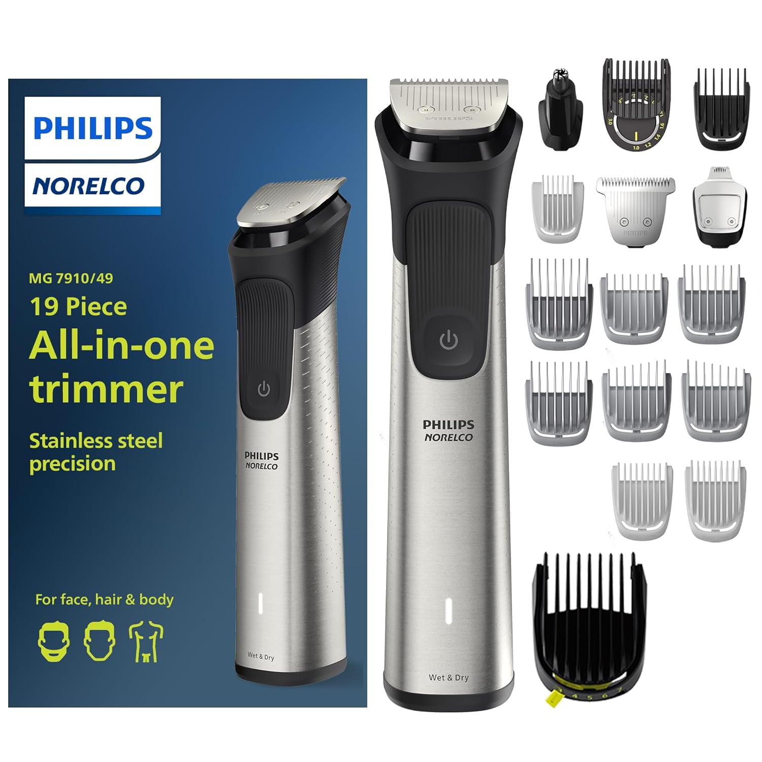 Philips Norelco Multigroom Series 7000 , Mens Grooming Kit with Trimmer for Beard, Head, Hair, Body, and Face - NO BLADE OIL NEEDED, MG7910/49
