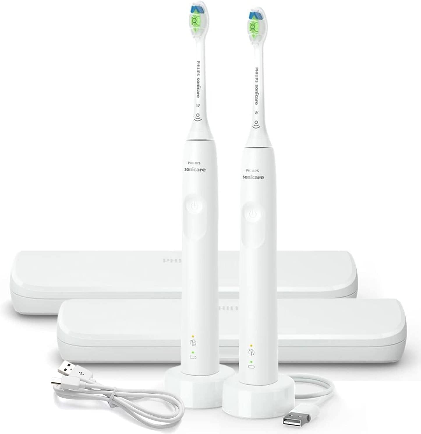 Philips Sonicare Electric Toothbrush DiamondClean 2-Pack Bundle, Rechargeable Electric Tooth Brush with Pressure Sensor, Sonic Electronic Toothbrush, Travel Case, White