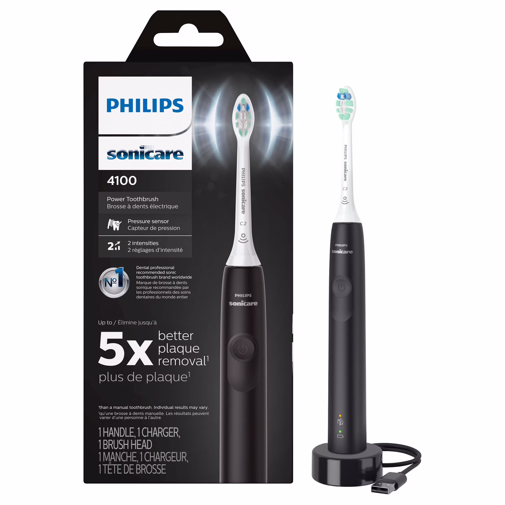Philips Sonicare 4100 Power Toothbrush, Rechargeable Electric Toothbrush with Pressure Sensor, Black (HX3681/24)
