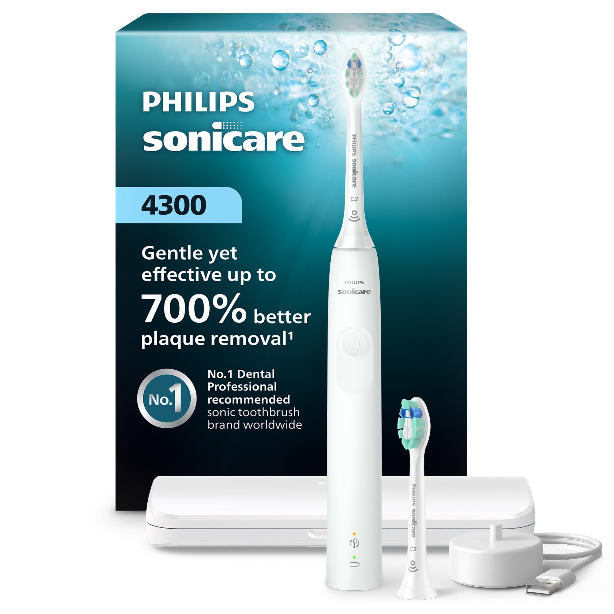 Philips Sonicare 4300 Series Electric Toothbrush - Sonic Toothbrush with Advanced Sonic Technology, Pressure Sensor, Two Intensity Settings, Smartimer & Quadpacer, Travel Case, White, Model HX3684/23
