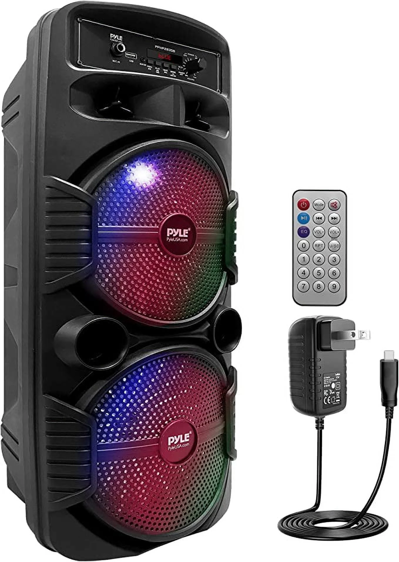 Pyle PA System Flashing LED Lighting Outdoor Wireless Bluetooth Portable Speaker with Remote & USB, Black, PPHP2835B