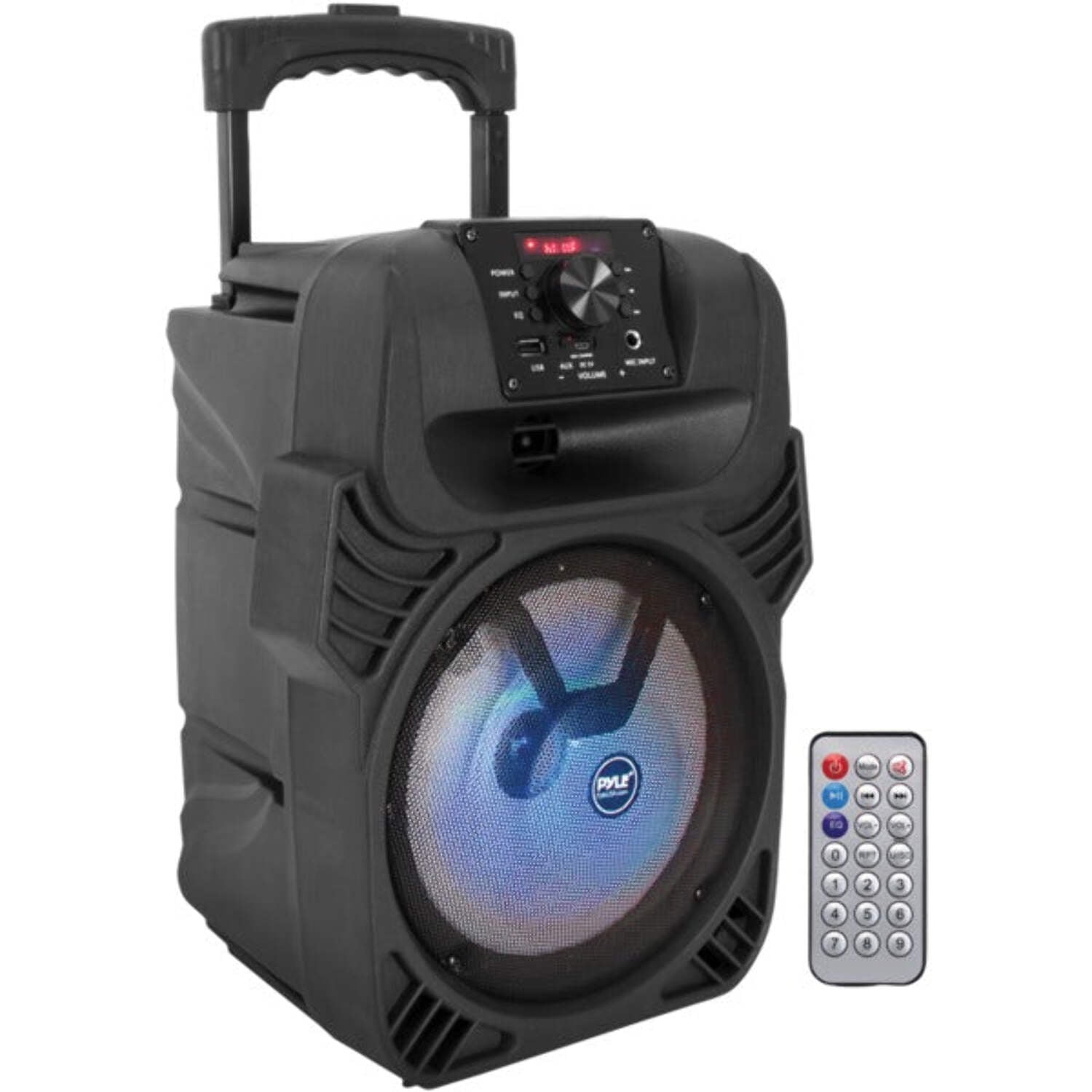 Pyle 400W Portable Bluetooth PA Loudspeaker - 8” Subwoofer System, 4 Ohm/55-20kHz, USB/MP3/FM Radio/ ¼ Mic Inputs, Multi-Color LED Lights, Built-in Rechargeable Battery w/ Remote Control -PPHP844B