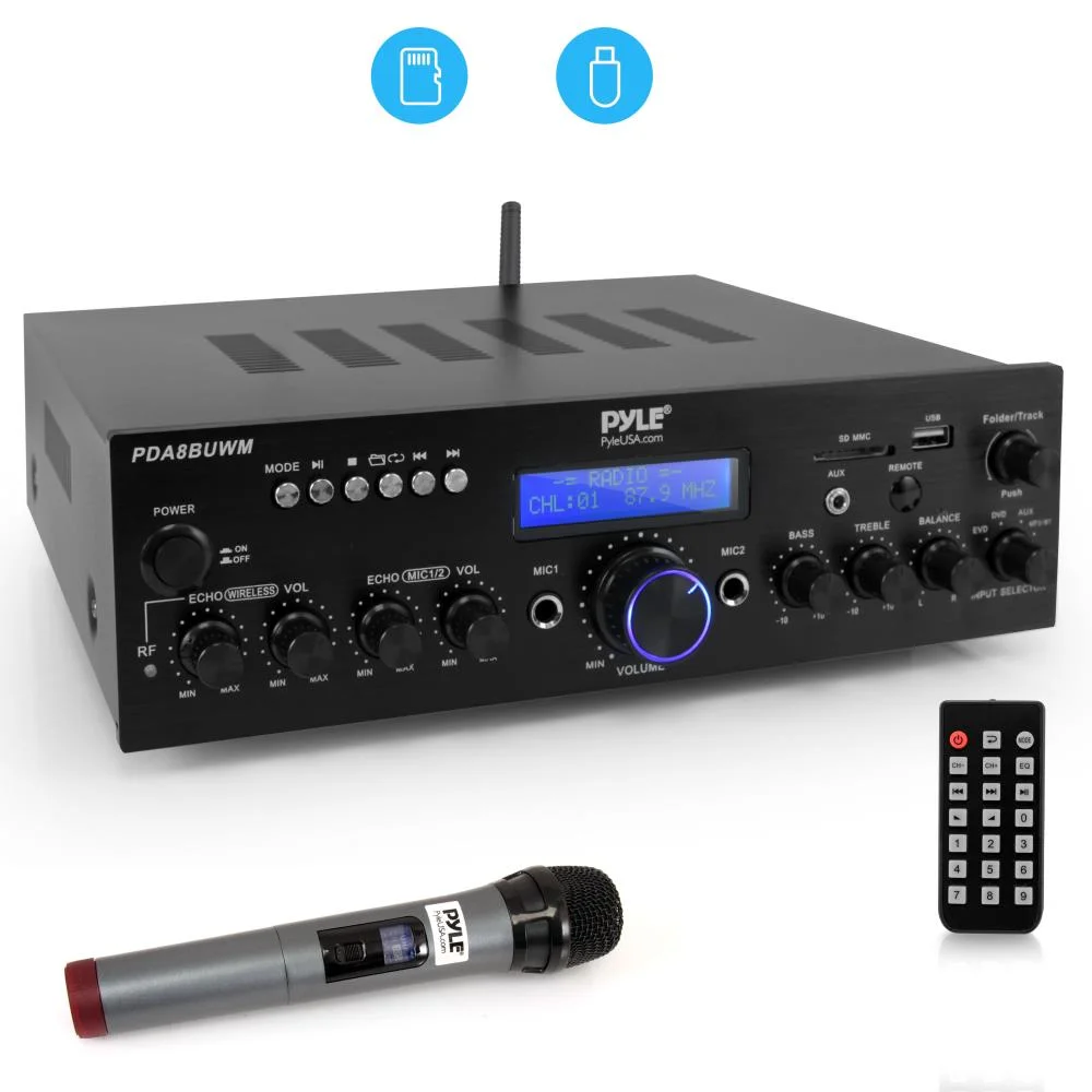 PYLE PDA8BUWM - Compact Home Theater Amplifier Stereo Receiver with Bluetooth Wireless Streaming, UHF Wireless Microphone, Mic ECHO and Volume Control, MP3/USB/SD/AUX/FM Radio, AV Inputs (200 Watt)