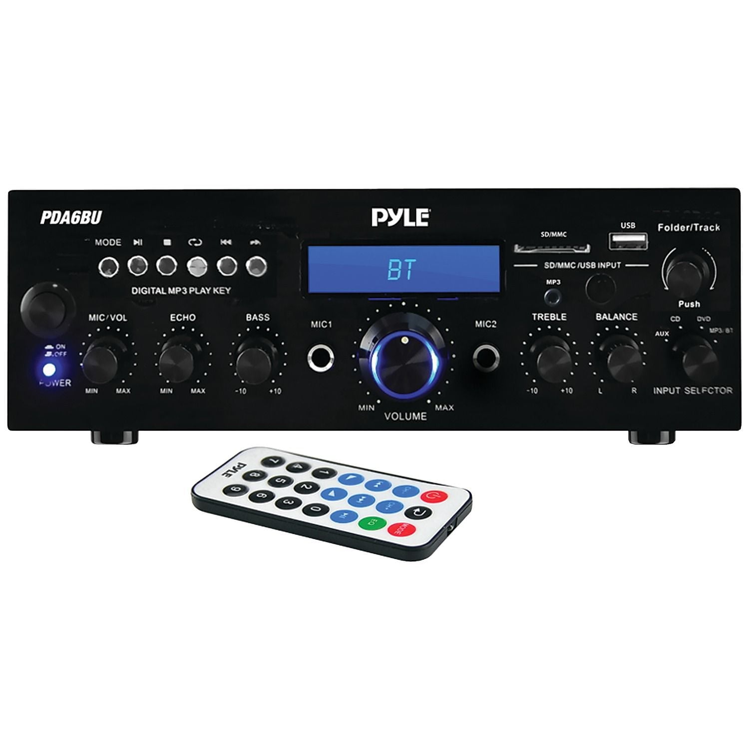 PYLE PDA6BU - Compact Bluetooth Stereo Amplifier - Desktop Audio Power Amp Receiver with FM Radio, MP3/USB/SD Readers, Digital LCD Display, Microphone Input (200 Watt)