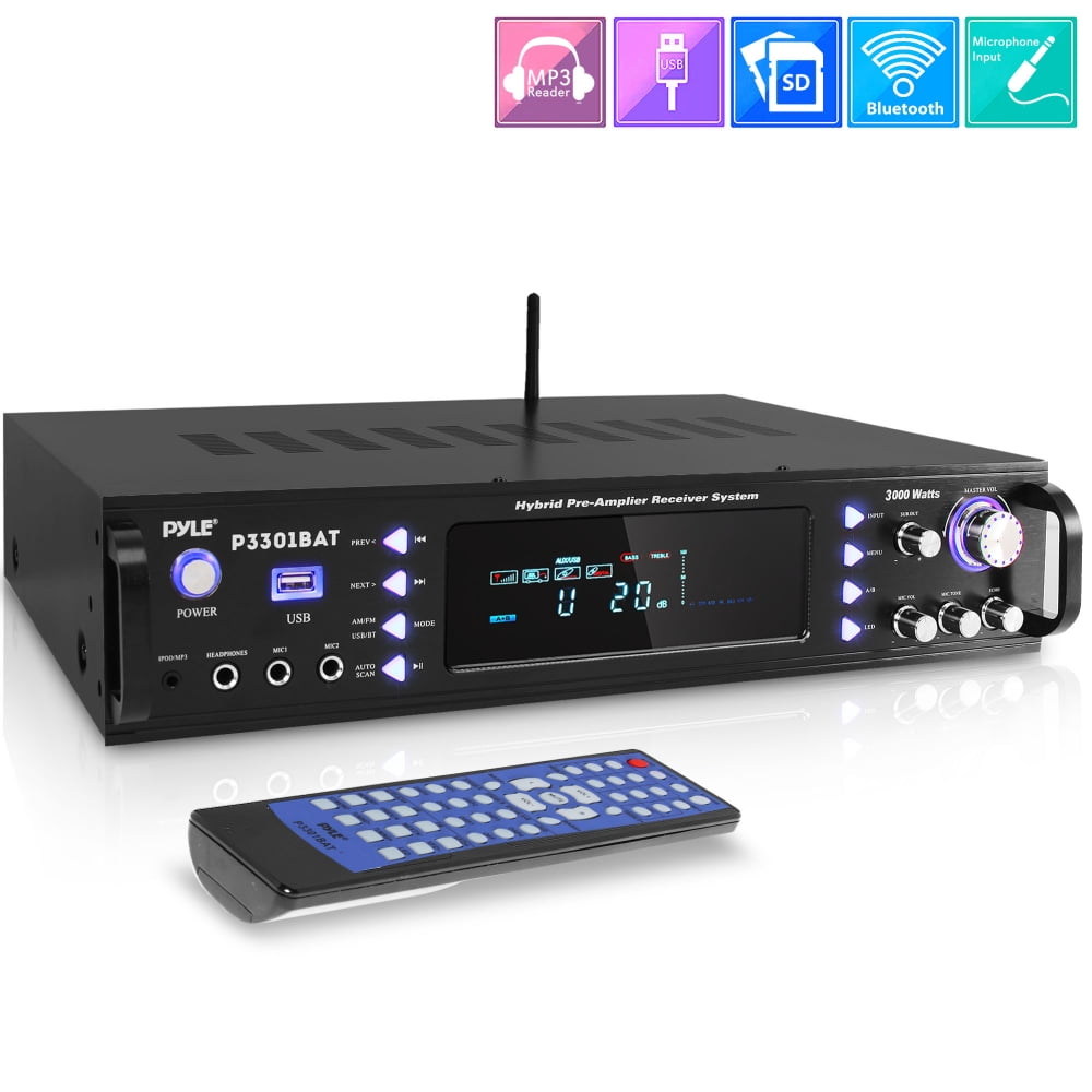 Pyle 3000 Watt Wireless Multi Channel Bluetooth Hybrid Amplifier Receiver, Black