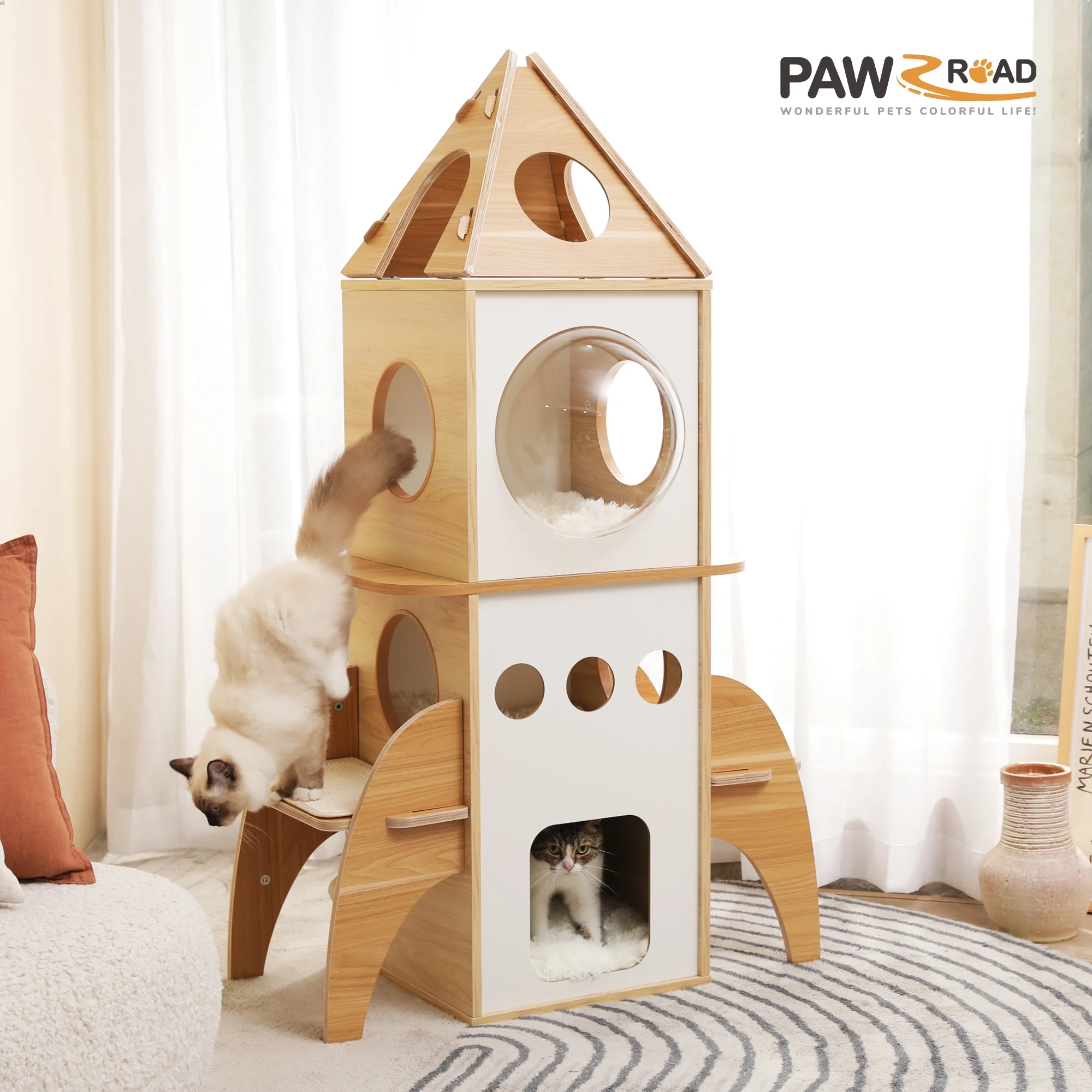PAWZ Road Modern Cat Tree 54" Rocket Cat Tower Spaceship 3 Condo Cat Furniture for Indoor Cats, Beige