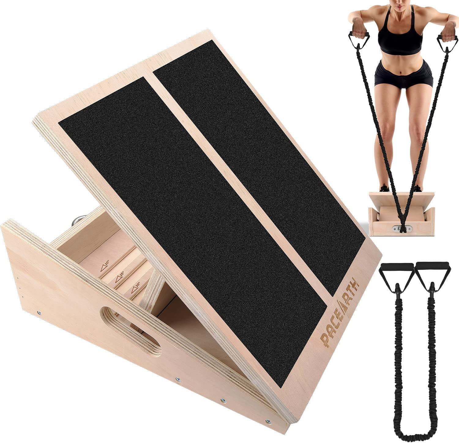 PACEARTH Wooden Slant Board Calf Stretcher Slant Board with Resistance Tube 450lb Adjustable Incline