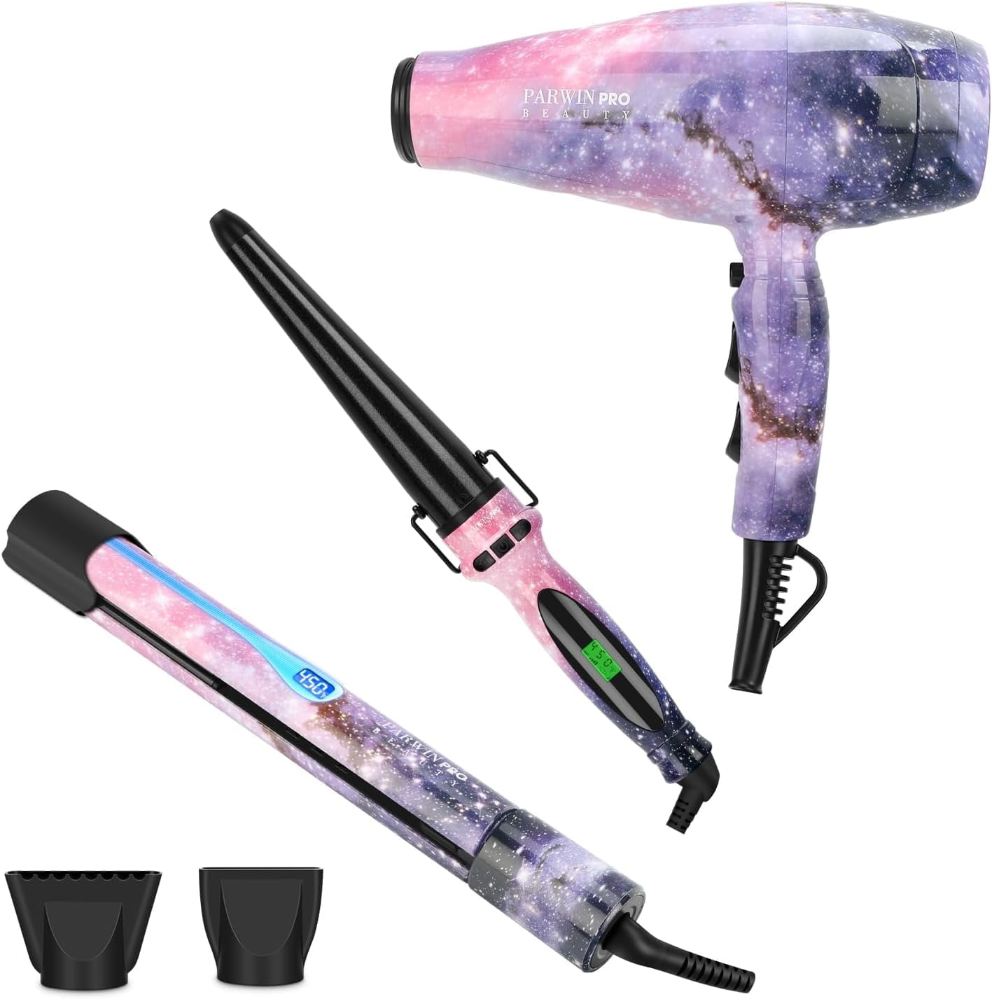 PARWIN PRO BEAUTY Titanium Hair Dryer Straightener Cone Curling Iron Combo | 1875W Power | Starry Color Upgraded model | Perfect Gift Styling Set