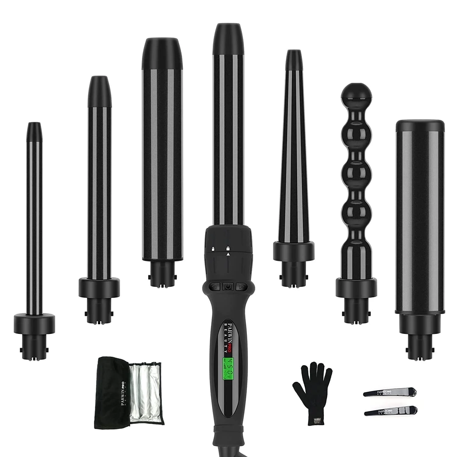 PARWIN PRO BEAUTY 7 in 1 Curling Iron Wand Set,Negative ion Hair Wand with 7 Interchangeable Barrels , Black