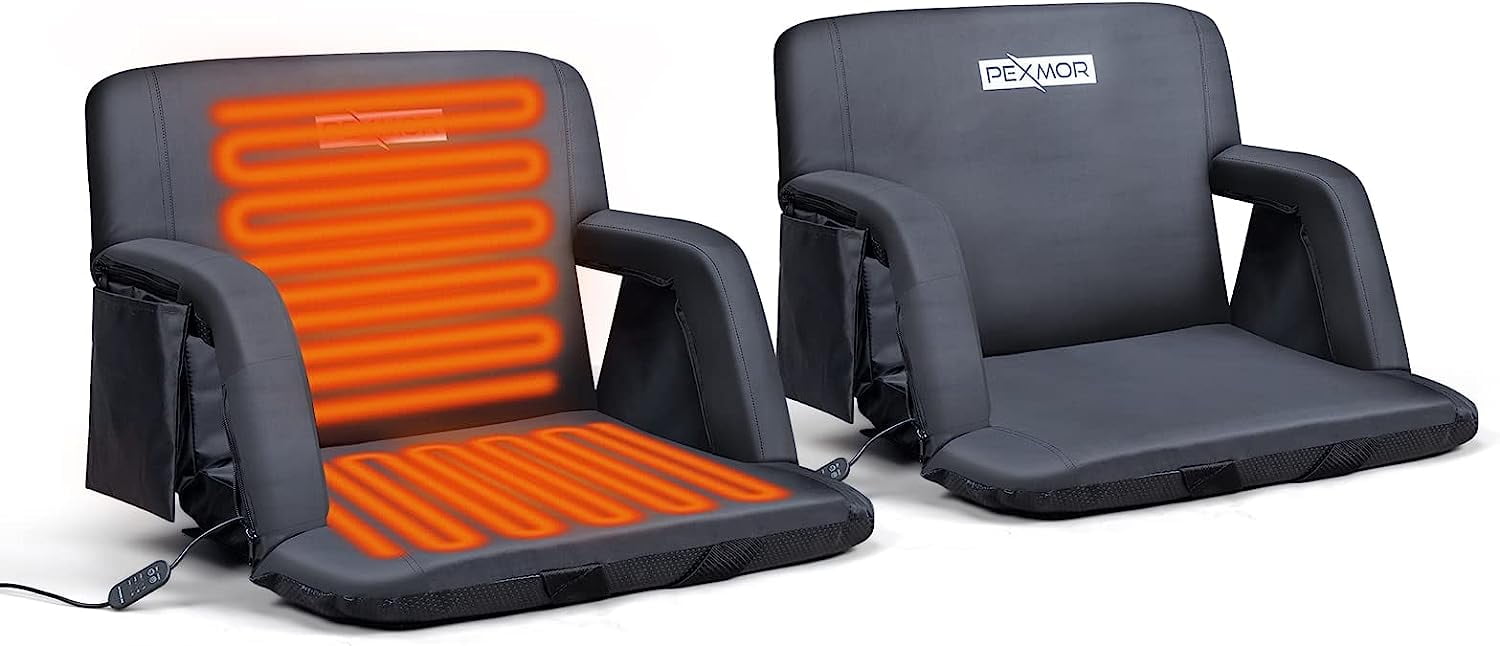 PEXMOR 2-PACK 25'' Heated Stadium Seat for Bleachers with Back Support & Carrying Bag, 3 Level Heating Back & Bottom, 5 Reclining Chair w/Armrest Detachable Pocket, USB Battery Excluded