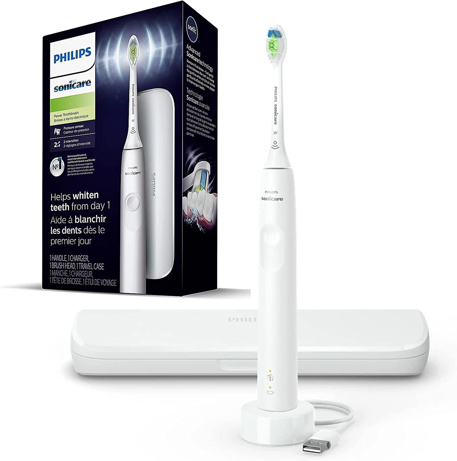 PHILIPS Sonicare Electric Toothbrush DiamondClean, Phillips Sonicare Rechargeable Toothbrush with Pressure Sensor, Sonic Electronic Toothbrush, Travel Case, White 1.0 Count