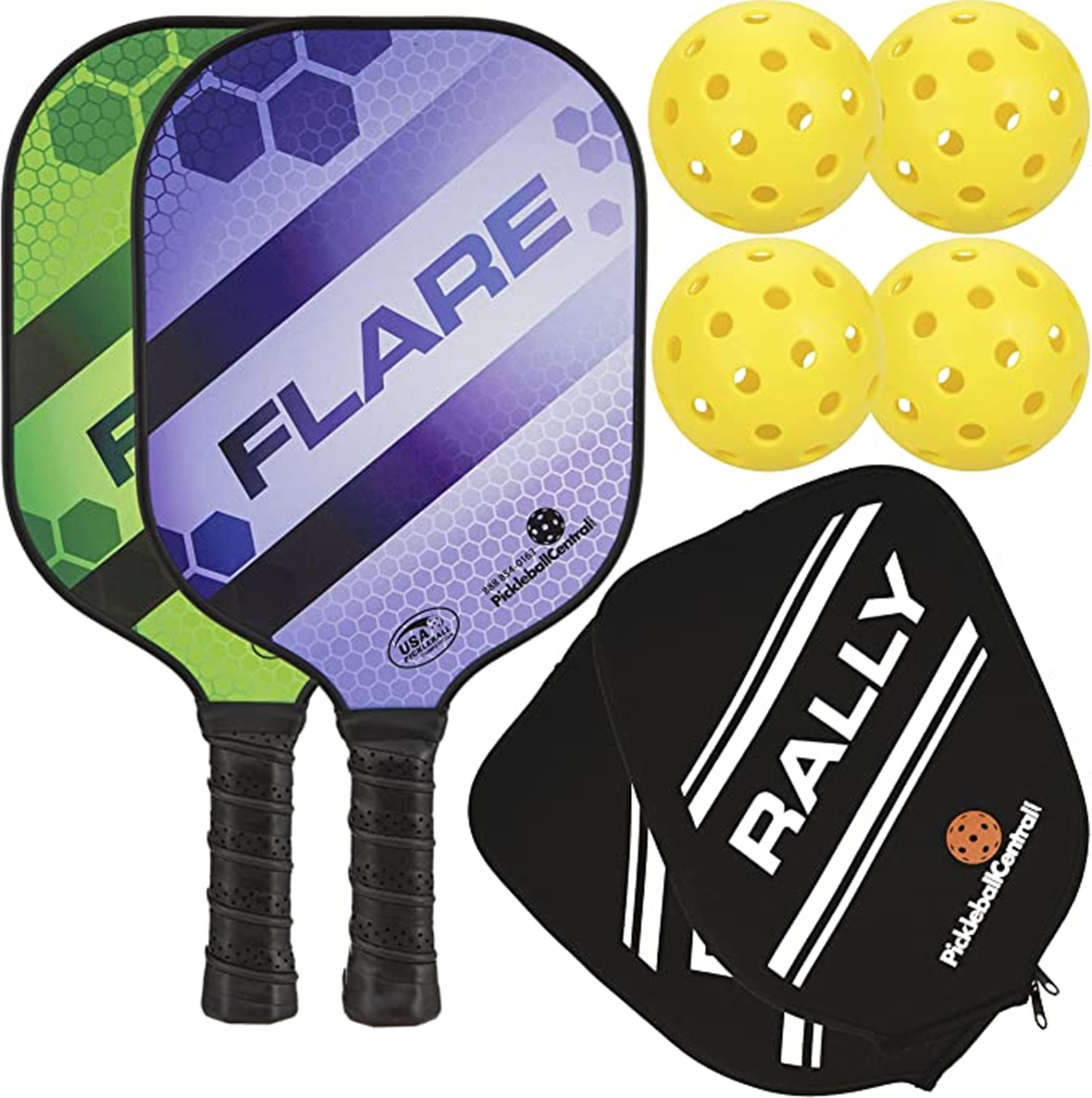 PIckleballCentral Rally Flare Graphite Pickleball Paddle 2 Player Pack Graphite Hybrid Composite Face 7oz Green/Purple