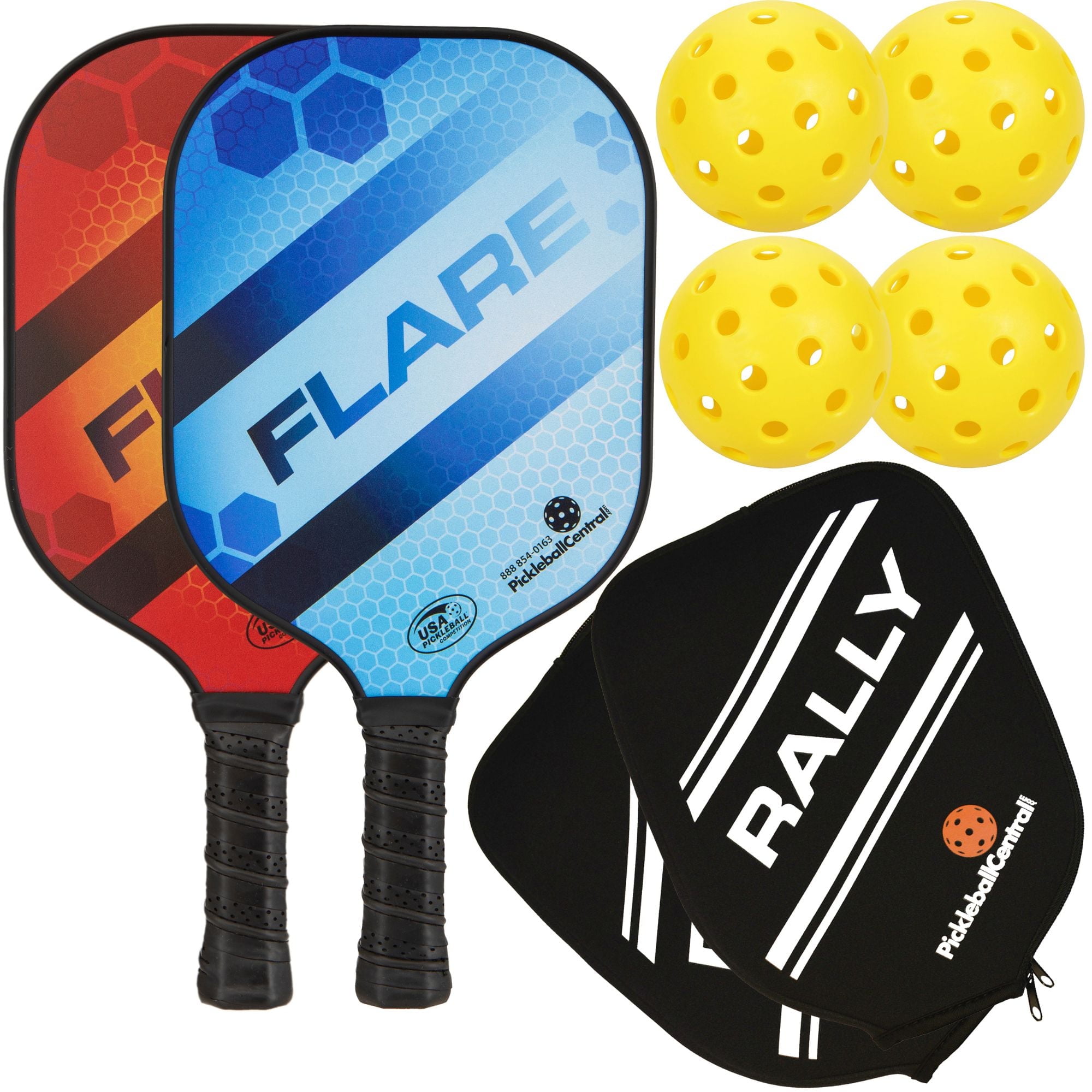 PIckleballCentral Rally Flare Graphite Pickleball Paddle 2 Player Pack Graphite Hybrid Composite Face 7oz Red/Blue