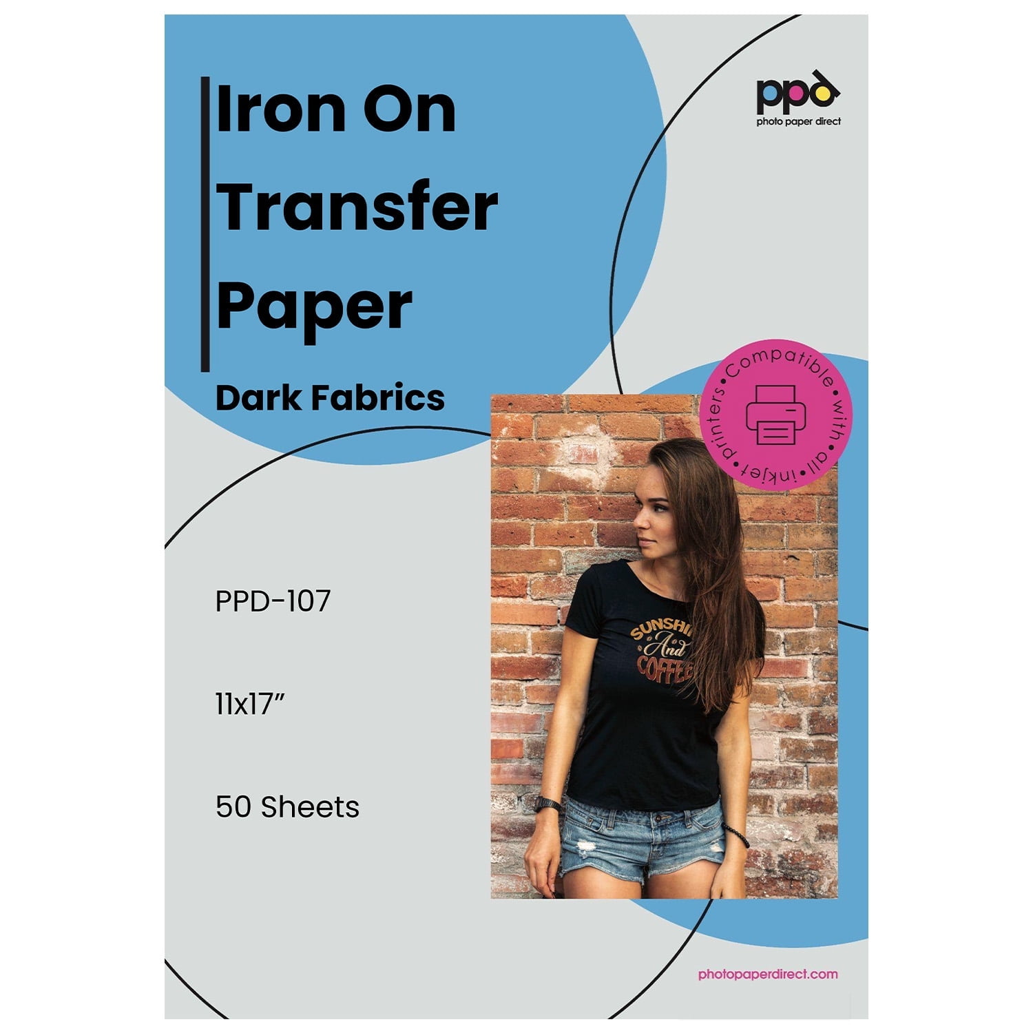 PPD 50 Sheets 11x17" - Inkjet Iron-on Heat Transfer Paper for Black & Dark Fabric and T-Shirts - Premium - PPD-107-50