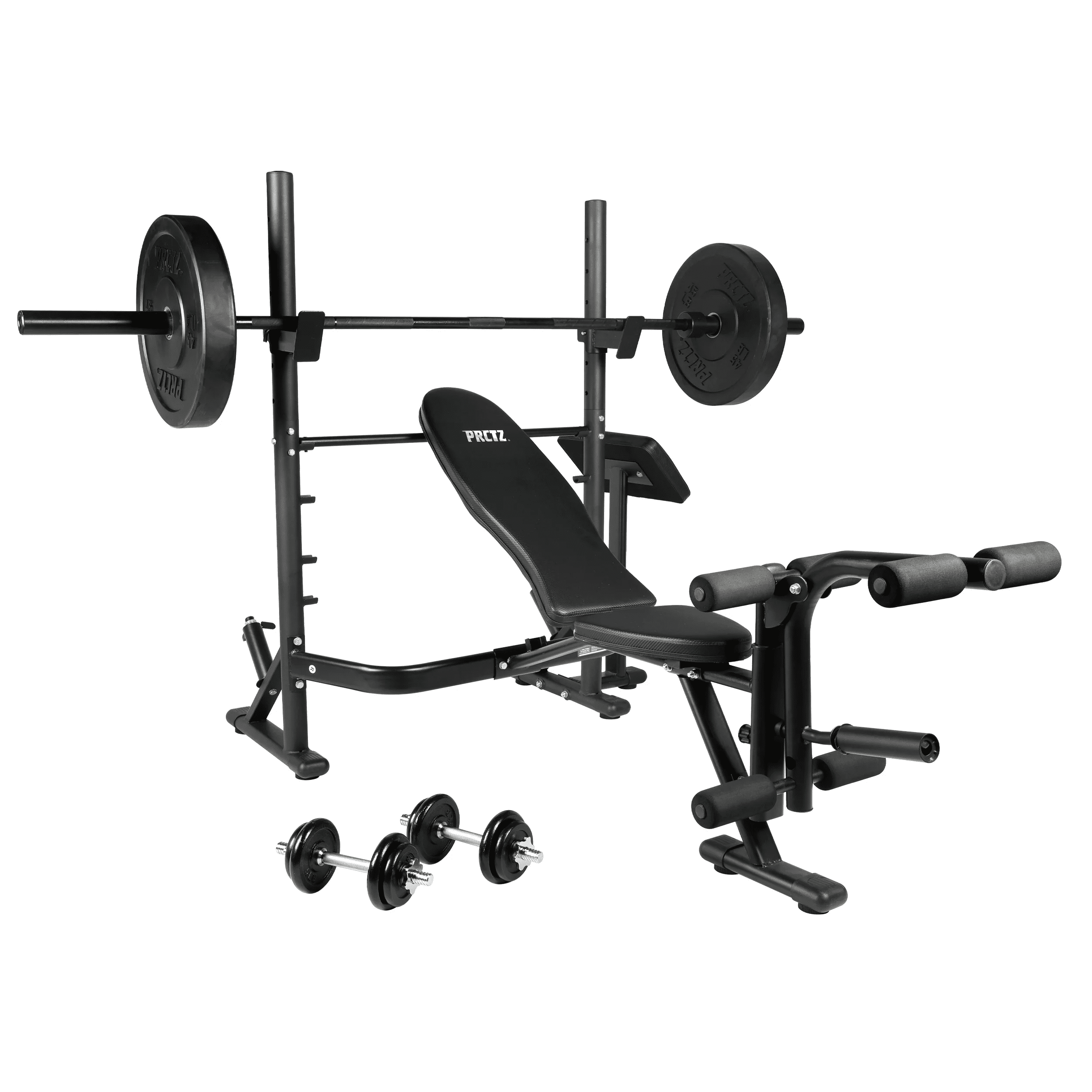 PRCTZ SP1 Homegym Bundle, Includes Adjustable Olympic Weight Bench with Squat rack, 7ft Olympic barbell, 45 lb Rubber Bumper plates set, 40 lb Cast-iron Adjustable Dumbbell