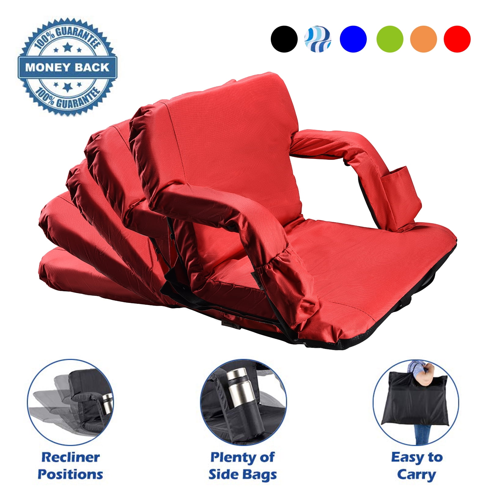 PRINIC RED Stadium Seat Chair- Wide Bleacher Cushion with Padded Back Support, Armrests, 6 Reclining Positions and Portable Carry Straps