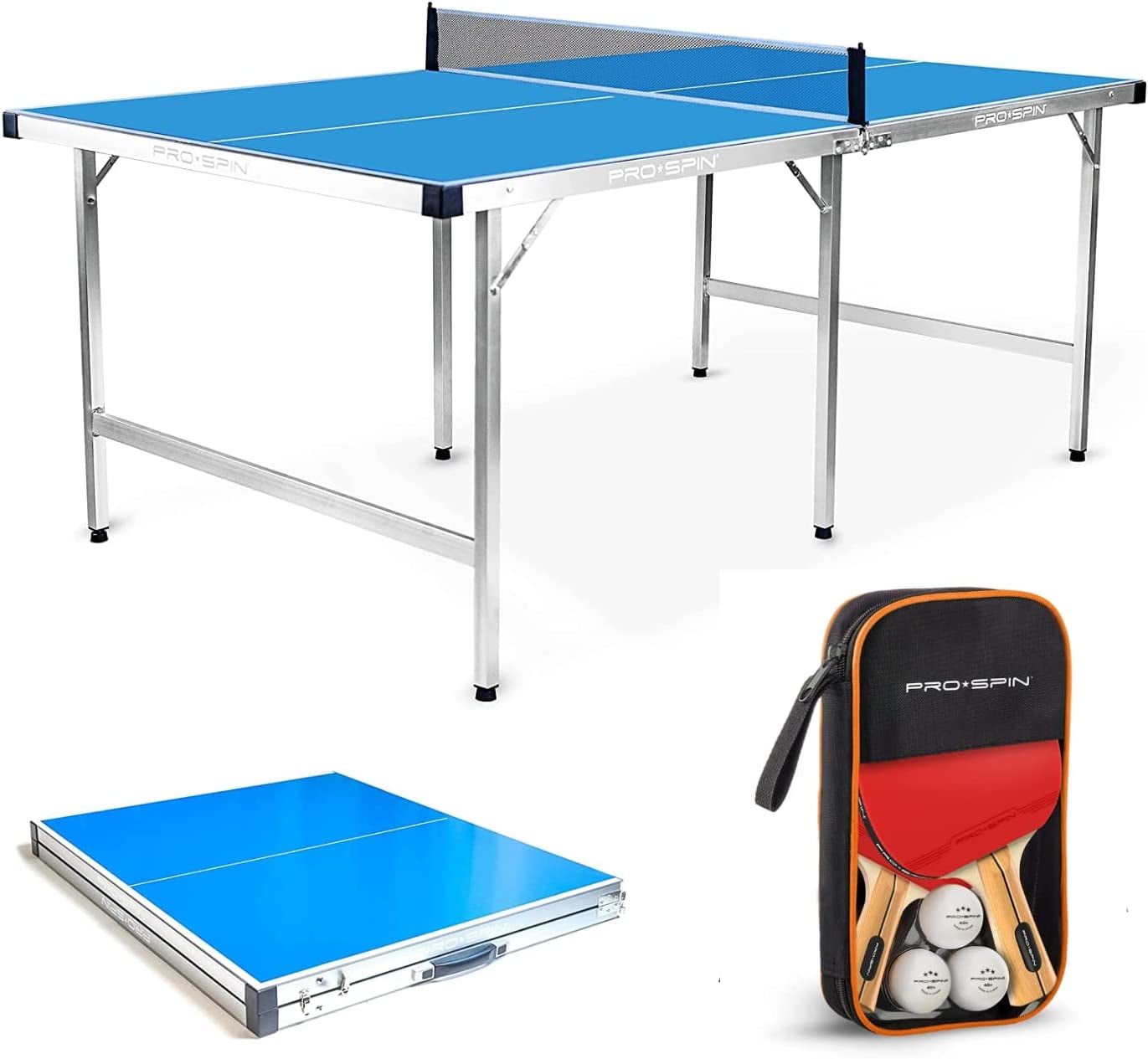 PRO-SPIN Midsize Ping Pong Table & High-Performance Ping Pong Paddle 2 Player Set, Foldable, Portable, Indoor/Outdoor