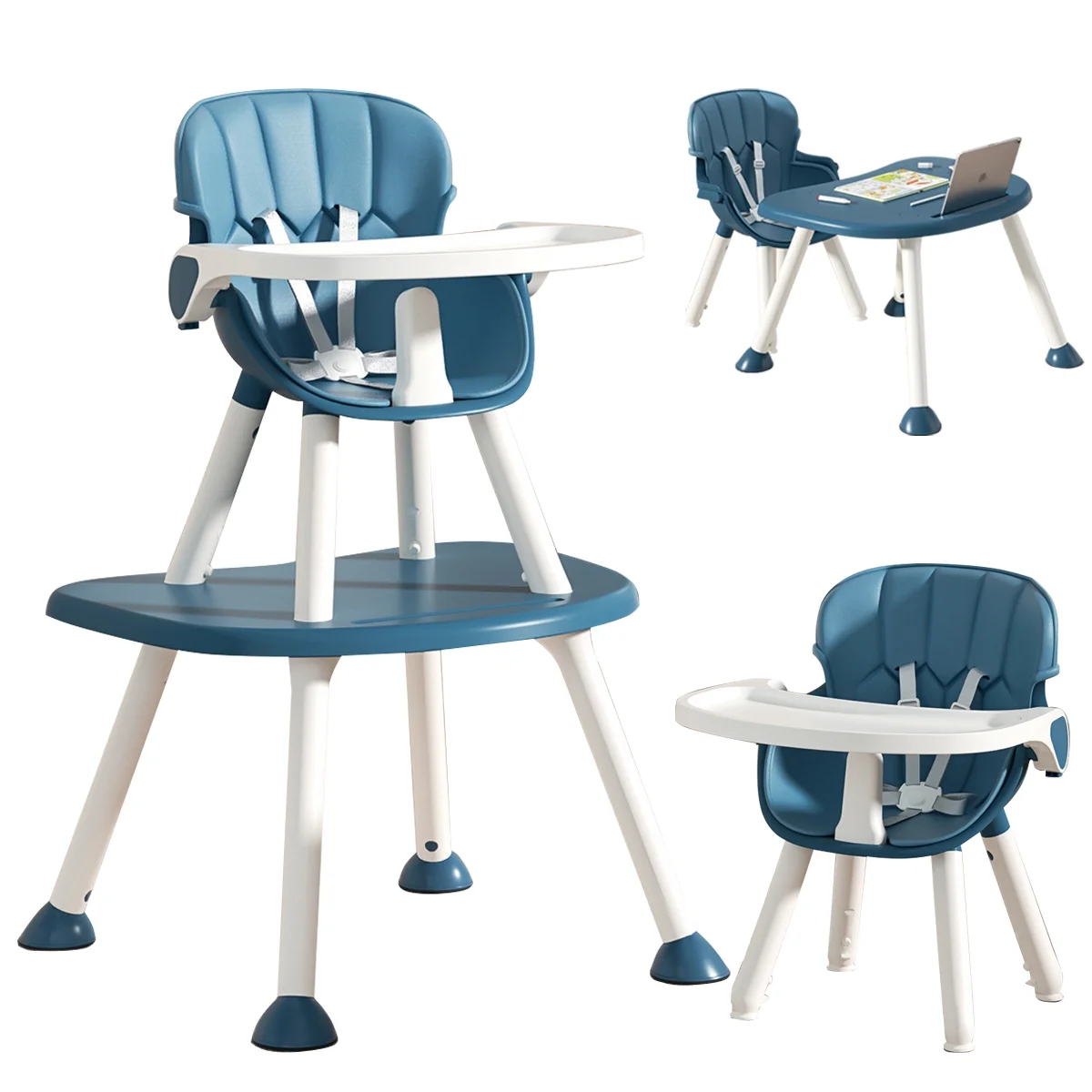 PUEDO 4 in 1 Baby High Chair, Convertible Highchair for Baby Boy and Girls, Multifunction Infant Dining Booster Toddlers Seat Table Chair Set, Blue