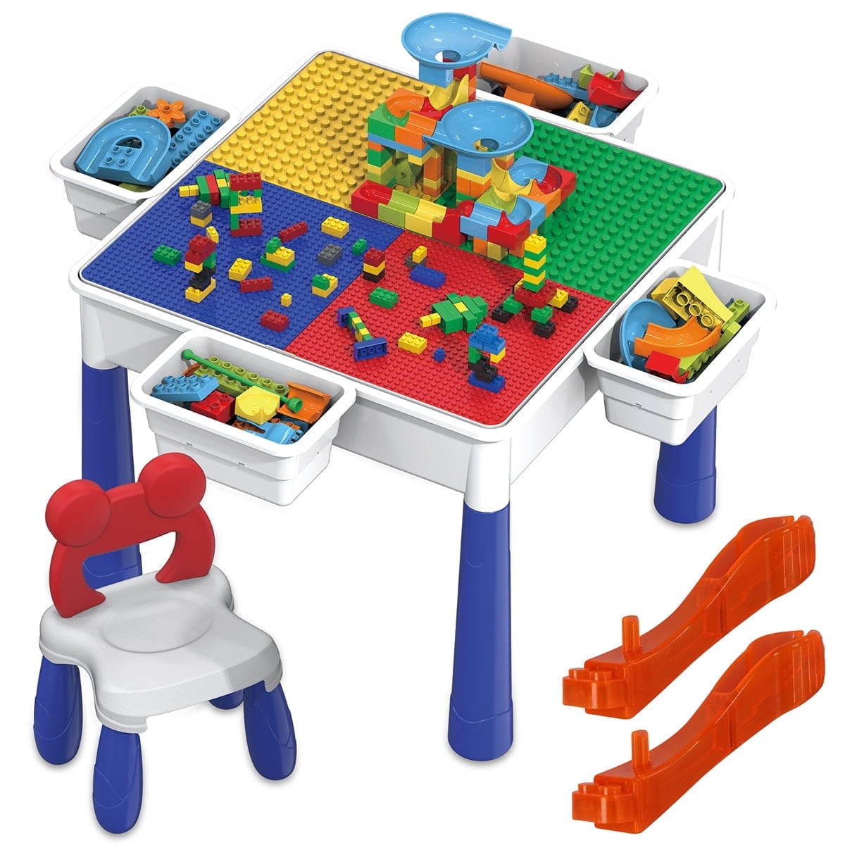 PicassoTiles Kids Multi Activity Table with Chair & Storage, 581PCS Building Blocks & Marble Run, STEM Construction Toy for Kids Age 3+