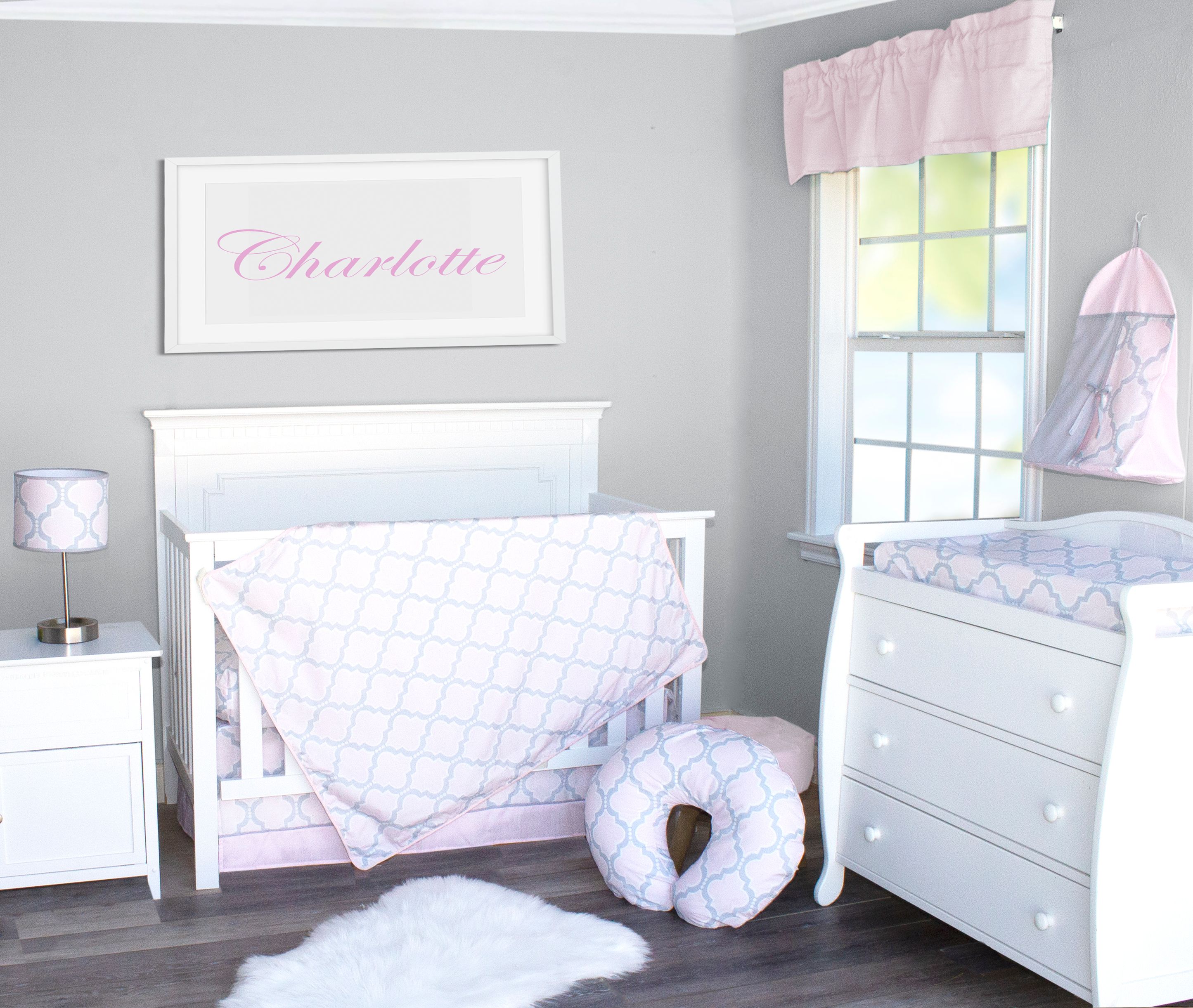 Pink and Gray Medallion 3 Piece Newborn Crib Bedding Set by Pam Grace Creations