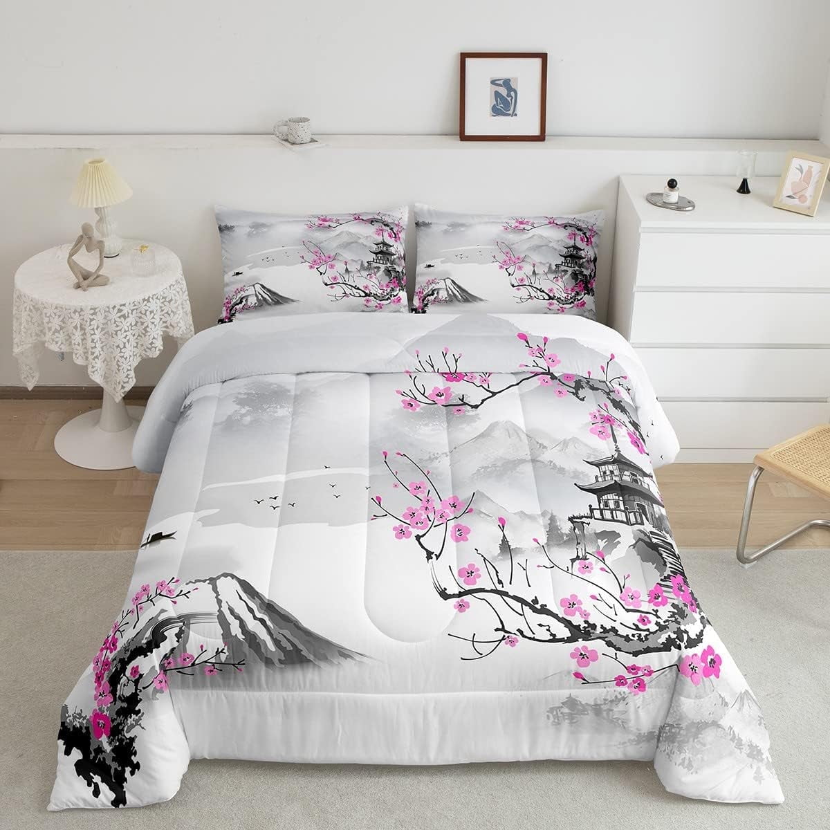 Pink Cherry Blossom Bedding Comforter Sets Women Mount Fuji Bedding Set Twin Japanese Style Duvet Insert Floral Flower Quilted Comforter White Gray Watercolor Painted Bedding, Lightweight