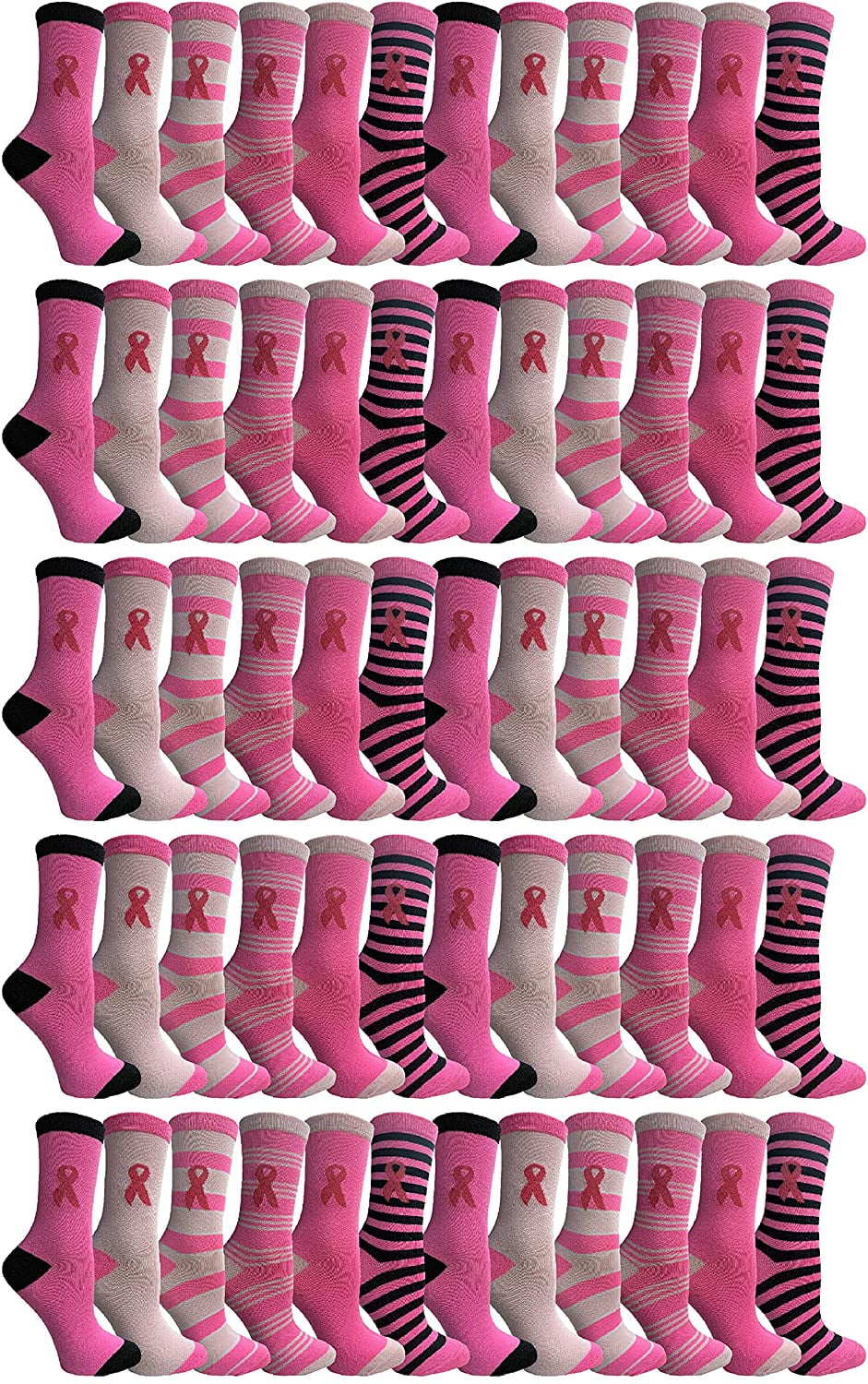 Pink Ribbon Breast Cancer Awareness Ankle/Crew Socks for Women (Assorted Crew B, 60)