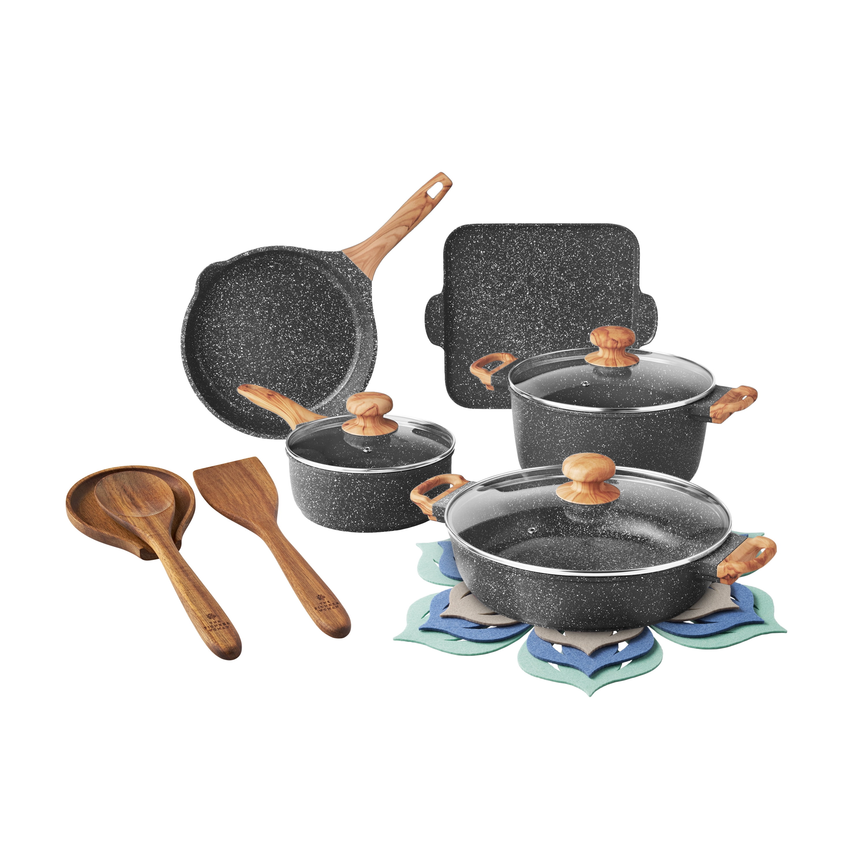 The Pioneer Woman Prairie Signature 14-Piece Cast Aluminum Cookware Set, Charcoal Speckle