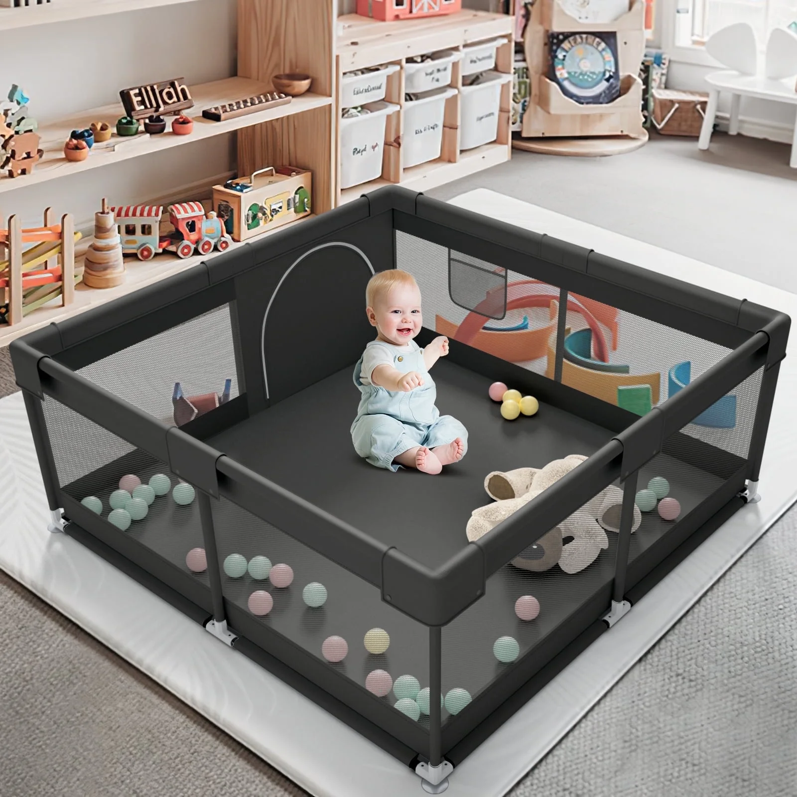 Pkinoicy Black Baby Playpen, 47"x47", Compact Play Area for Infants and Toddlers - Ideal for Apartments
